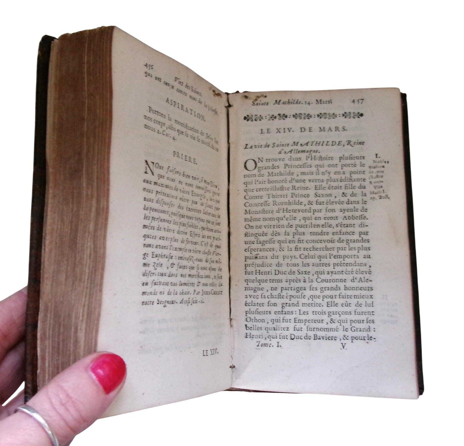 photo furniture 1725 French Religious Book, Les Nouvelles Vies Des Saints, Leather Bound, Lives Of The Saints Vol I