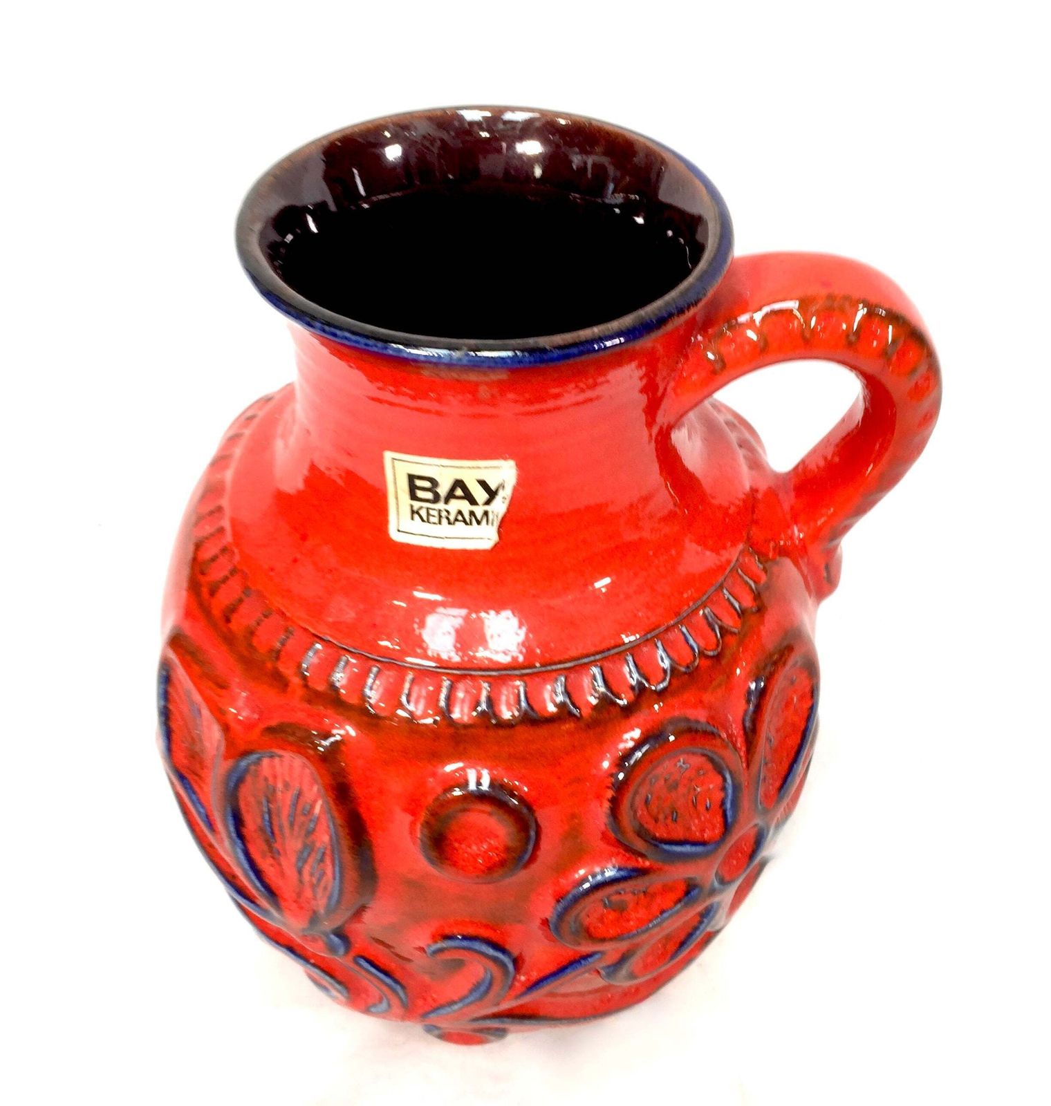 Vintage West German Pottery Fat Vase Bay Factory / Red & Blue / Retro 1970s photo for sale