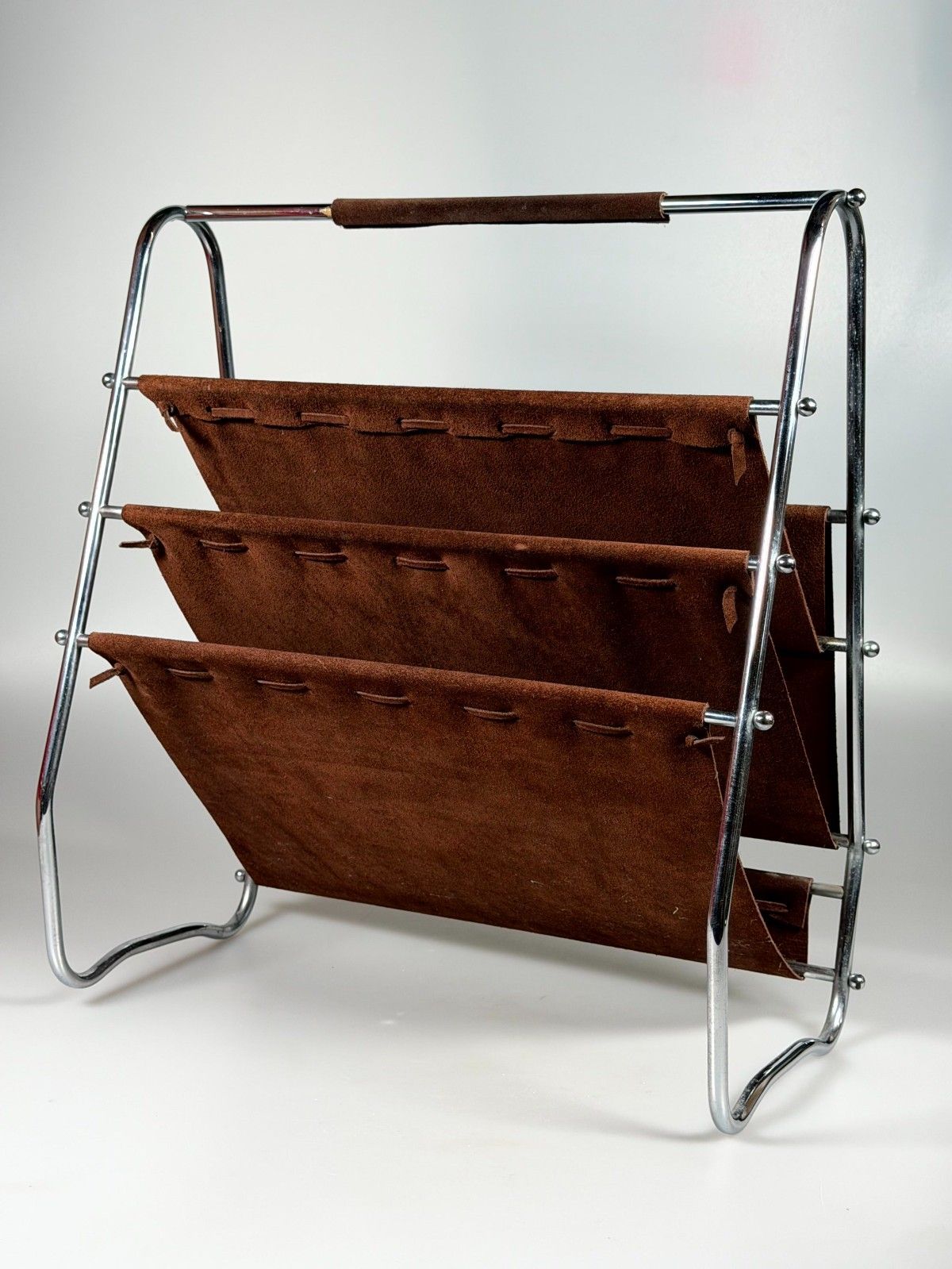60s 70s Newspaper Holder Magazine Rack Metal Leather Mid Century Design photo for sale