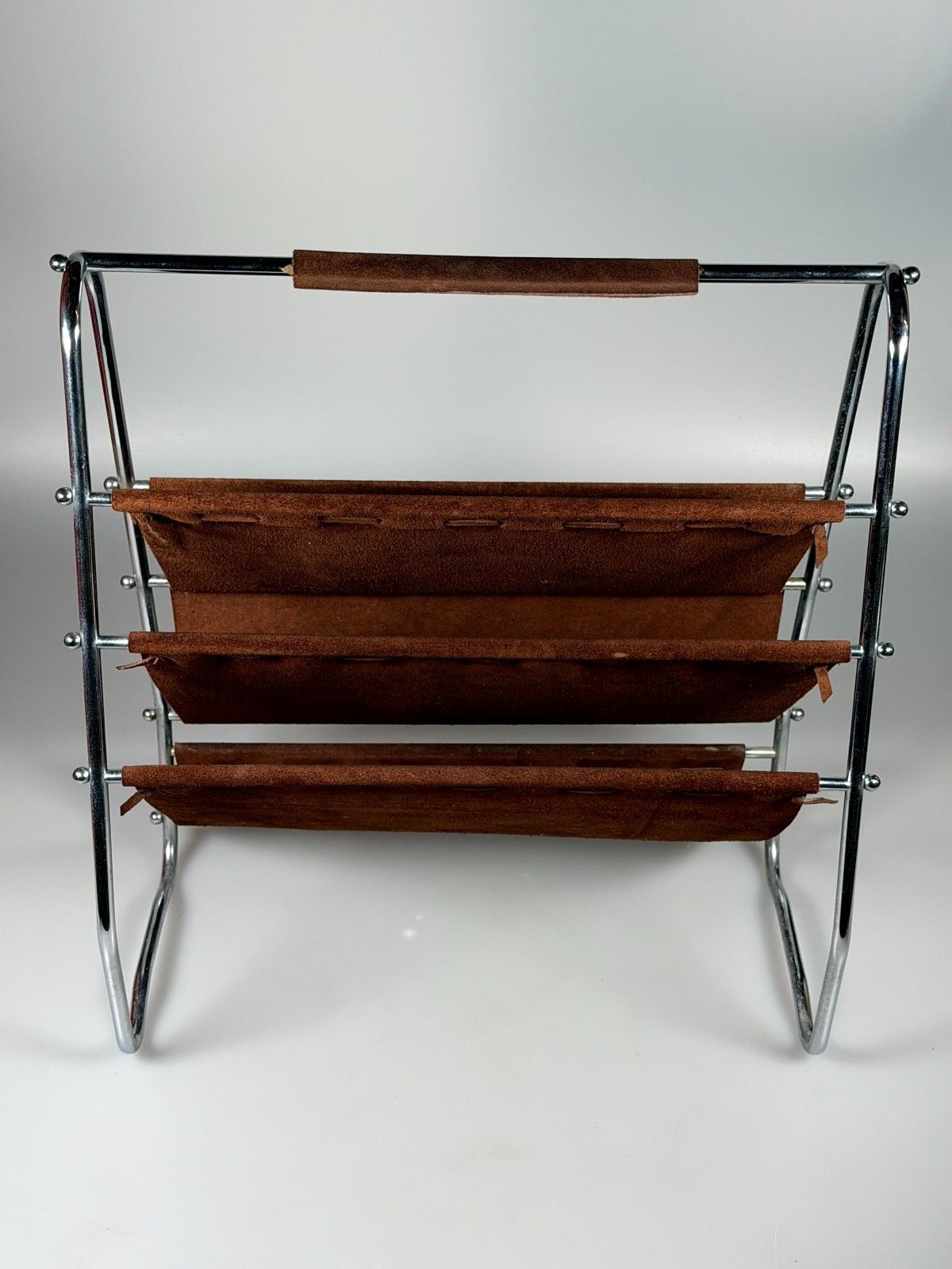 photo vintage 60s 70s Newspaper Holder Magazine Rack Metal Leather Mid Century Design