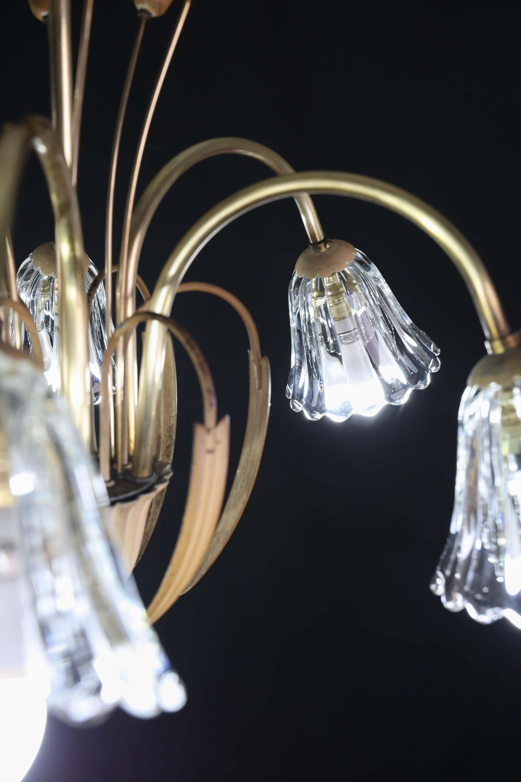 photo furniture Art Decò Murano Glass And Brass Chandelier, 6 Light, 1950