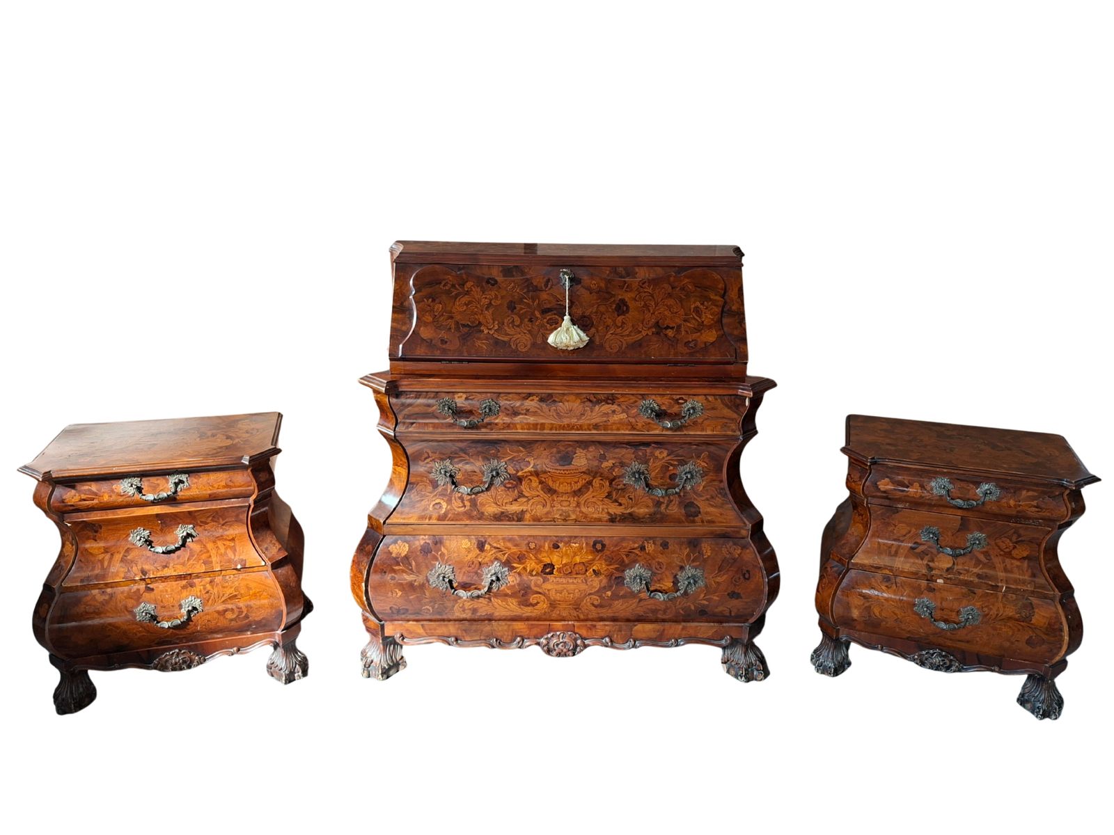 Trittico Barocco Olandese Anni '20 – Ribalta E Coppia Comodini Intarsiati photo furniture