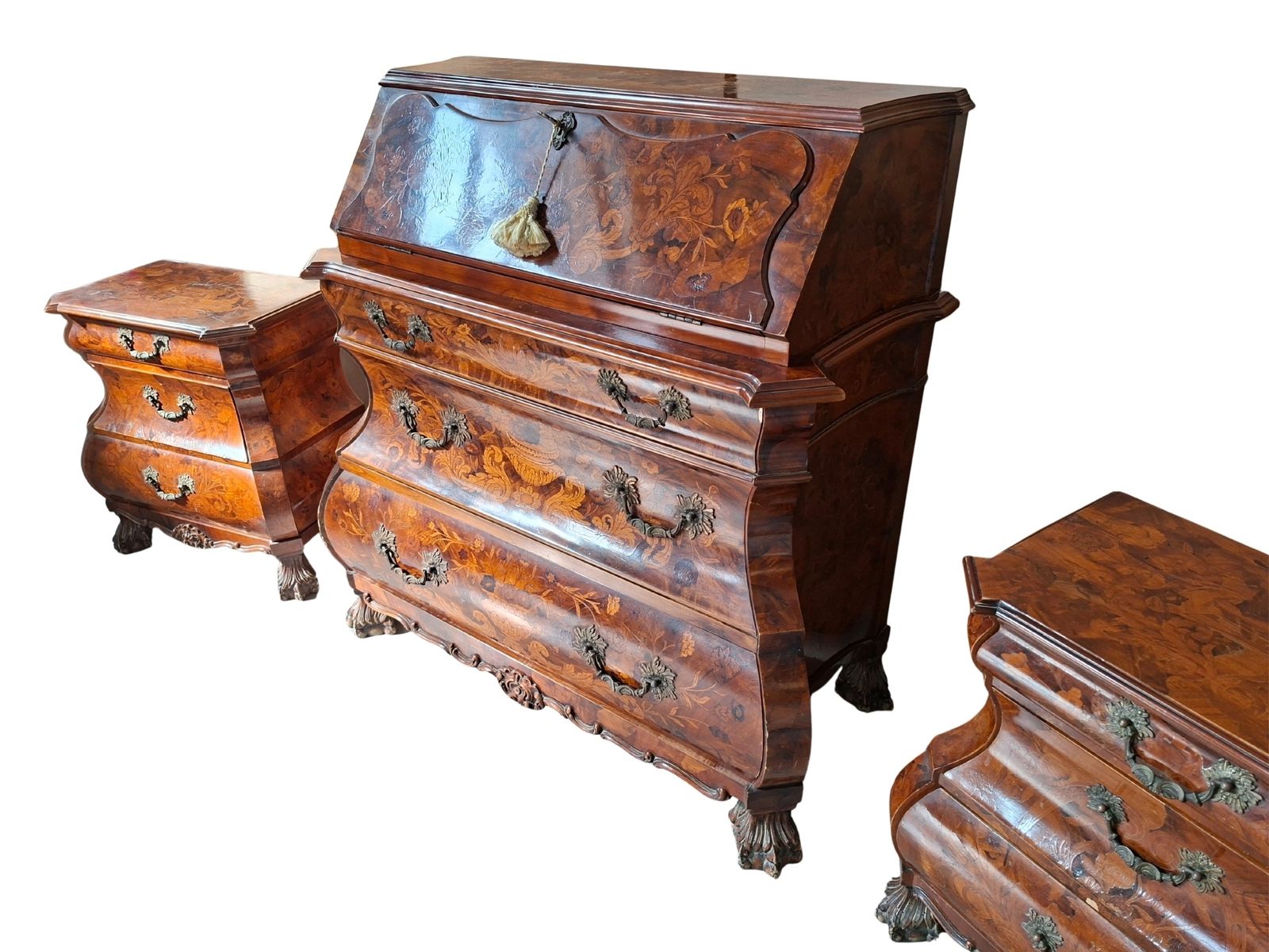 Furniture Trittico Barocco Olandese Anni '20 – Ribalta E Coppia Comodini Intarsiati photo