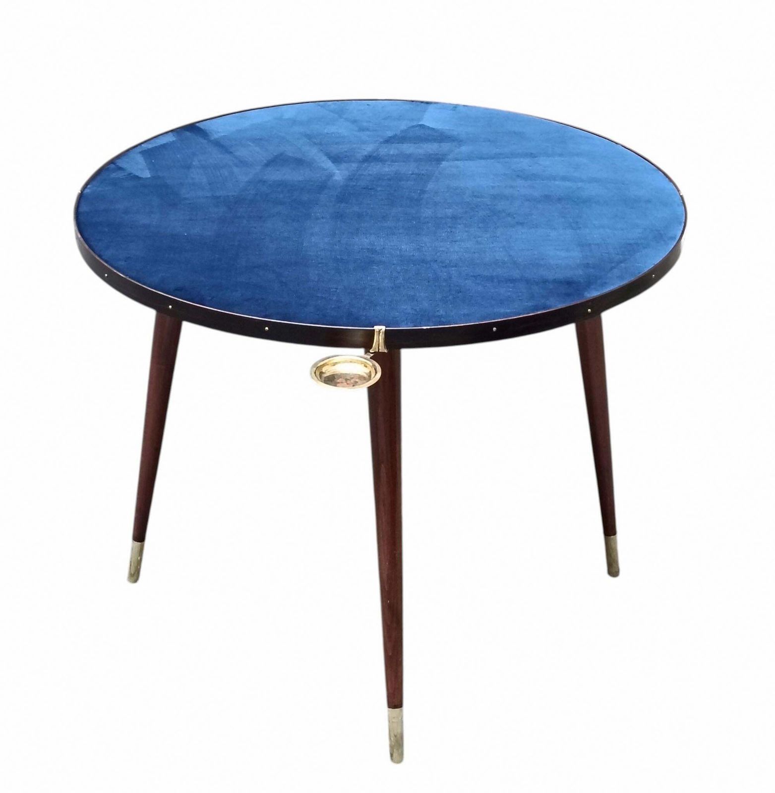 Gio Ponti Style Round Game Table In Wood And Blue Cloth, Italy 1950s photo furniture