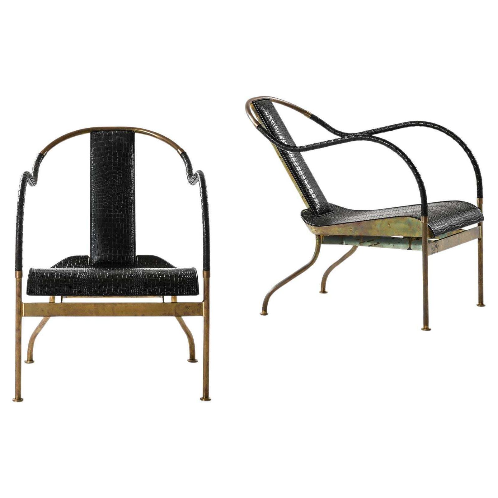 Set Of 2 "El Rey" Easy Chairs In Brass And Leather By Mats Theselius, 1999