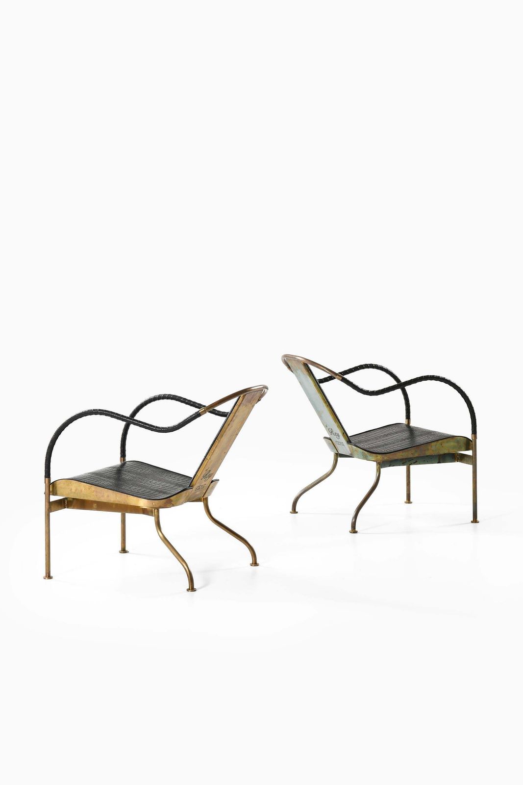 Set Of 2 "El Rey" Easy Chairs In Brass And Leather By Mats Theselius, 1999 photo vintage