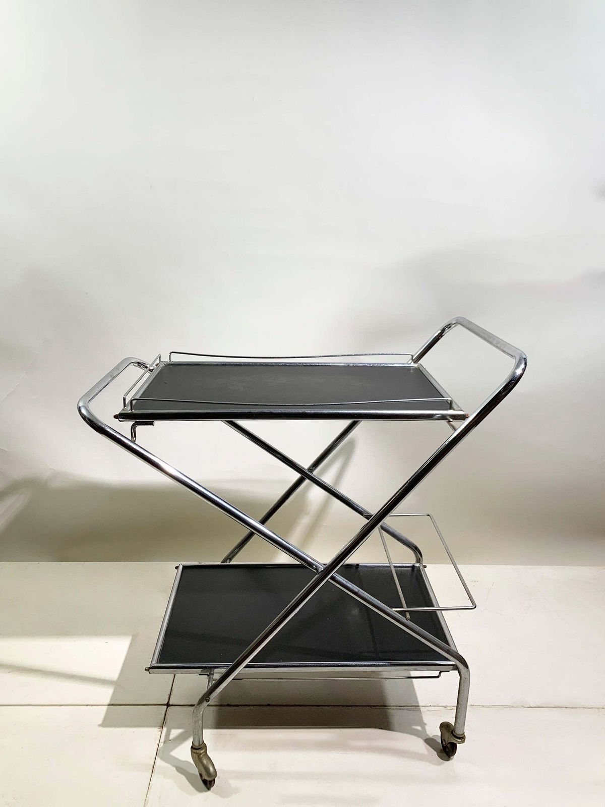 Mid 20th Century Folding Bar Cart In Chrome And Black By Richard, Circa 1960's photo for sale