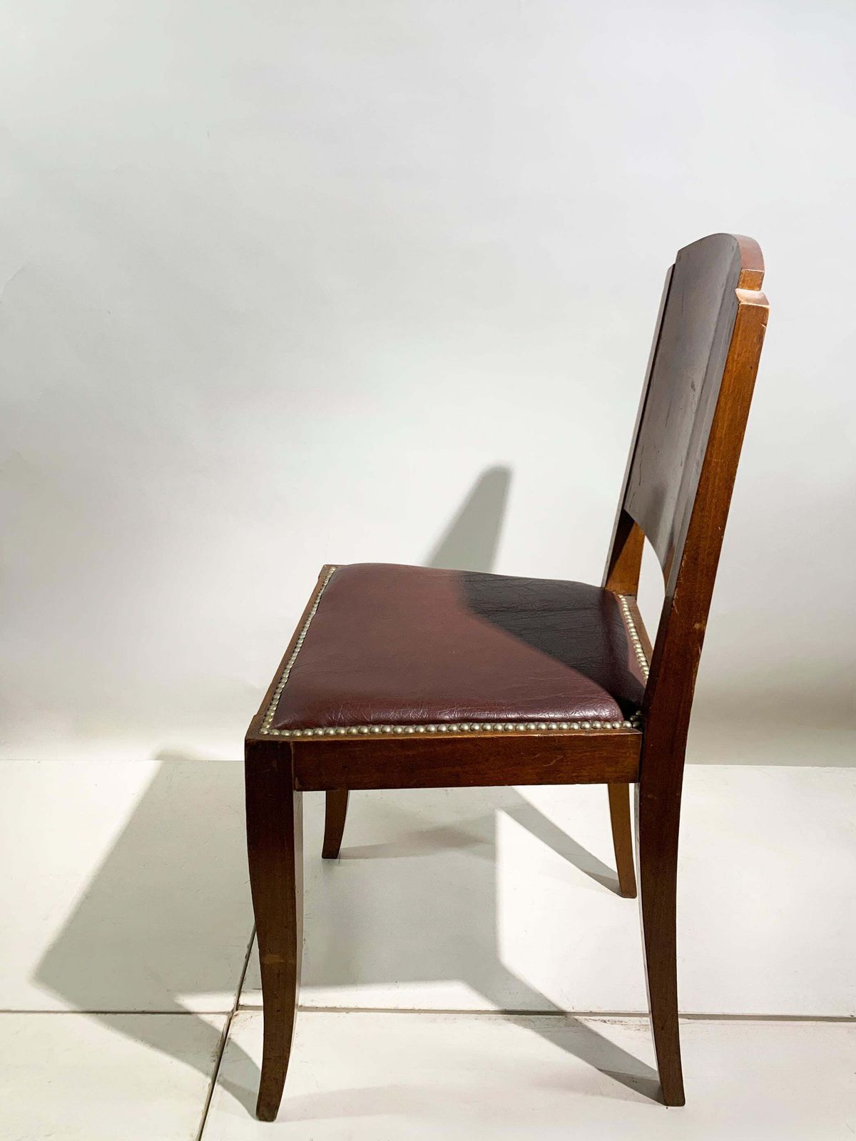 Set Of 6 Art Deco Dining Chairs In Walnut And Burgundy Leather, France, 1930's photo Furniture