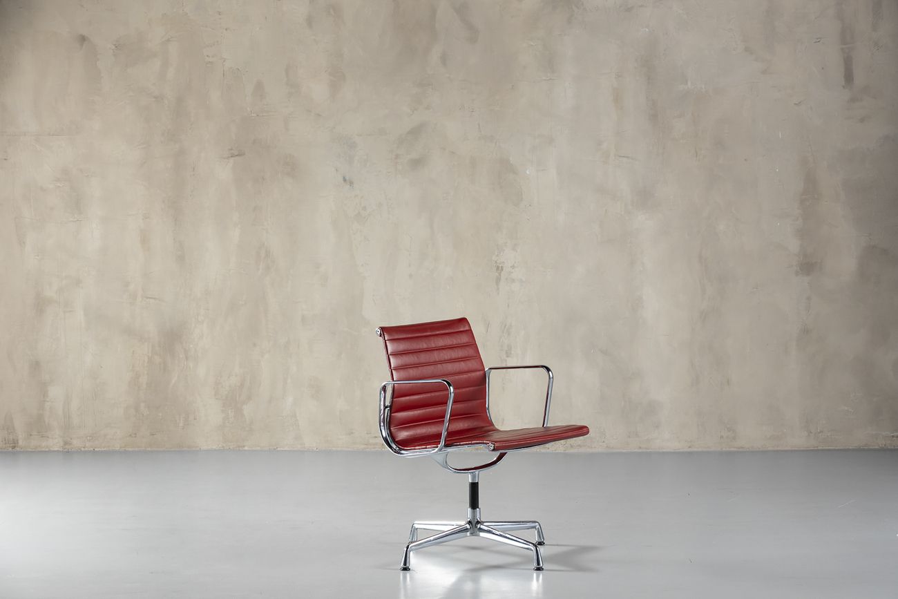 Sale !  Vitra Aluminum Chair Ea 108 In Red Leather By  Charles And Ray Eames, Germany, 1990's