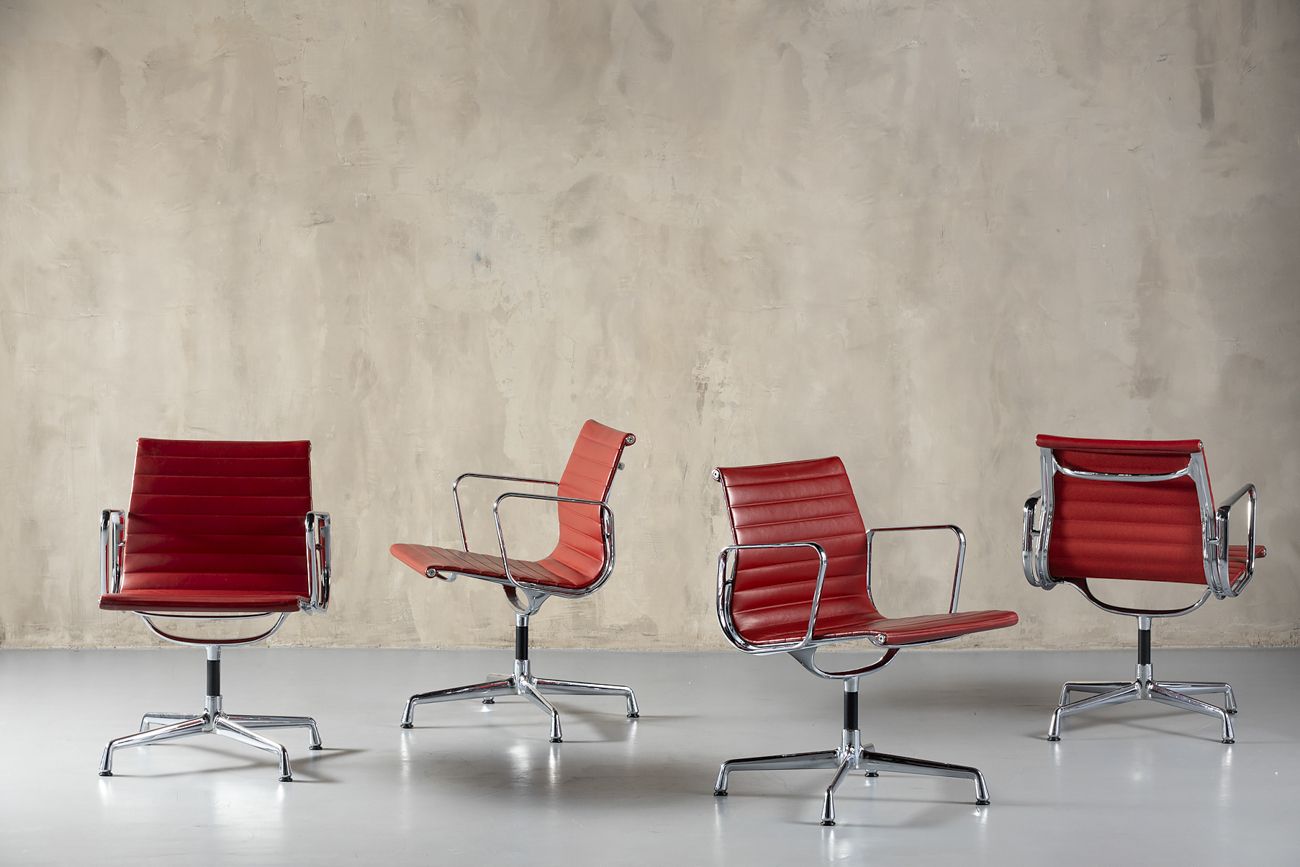 photo buy Sale !  Vitra Aluminum Chair Ea 108 In Red Leather By  Charles And Ray Eames, Germany, 1990's