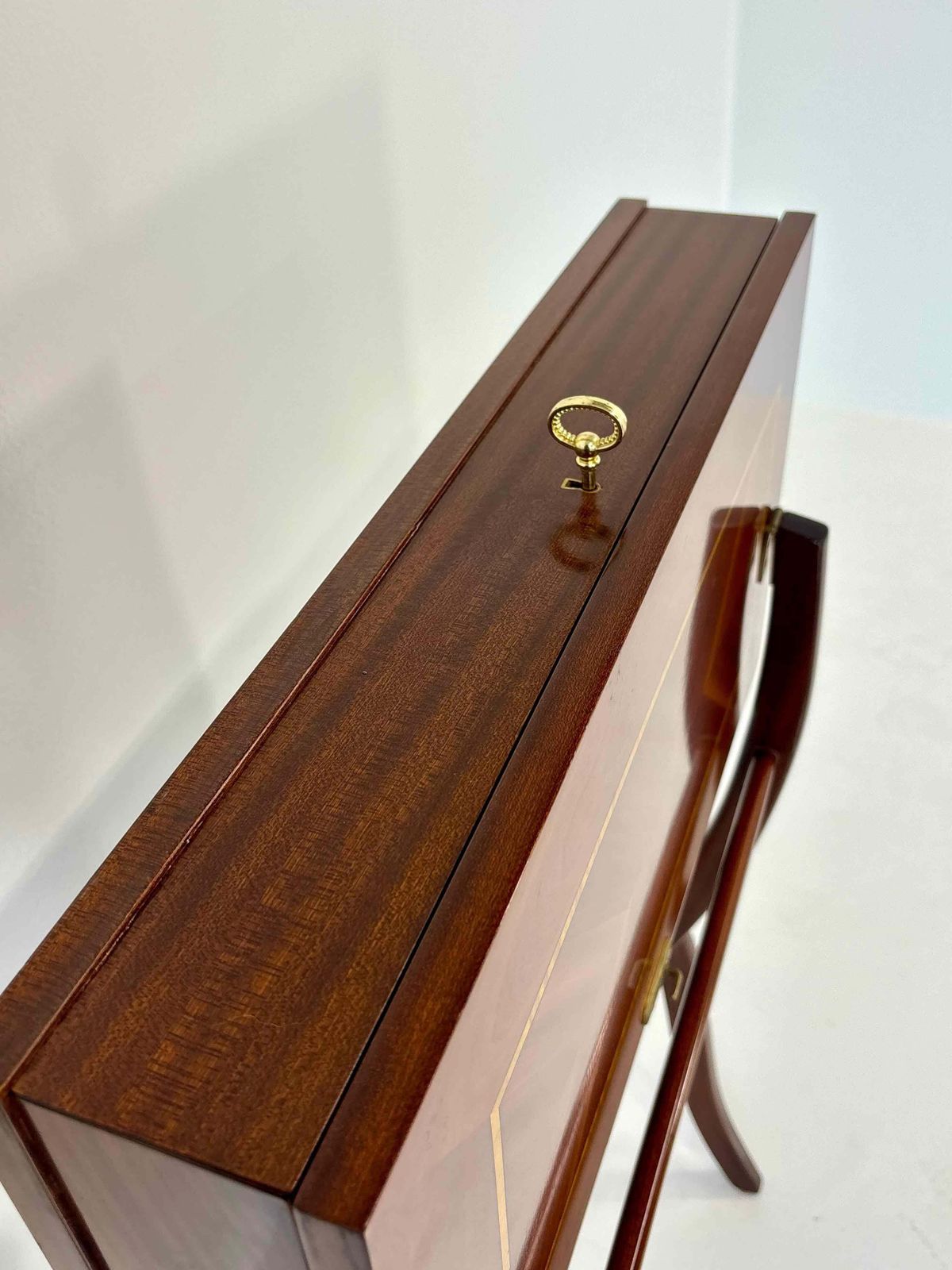 Italian Travel Writing Desk With Fine Veneer And Green Leather, De Baggis Cantù photo buy