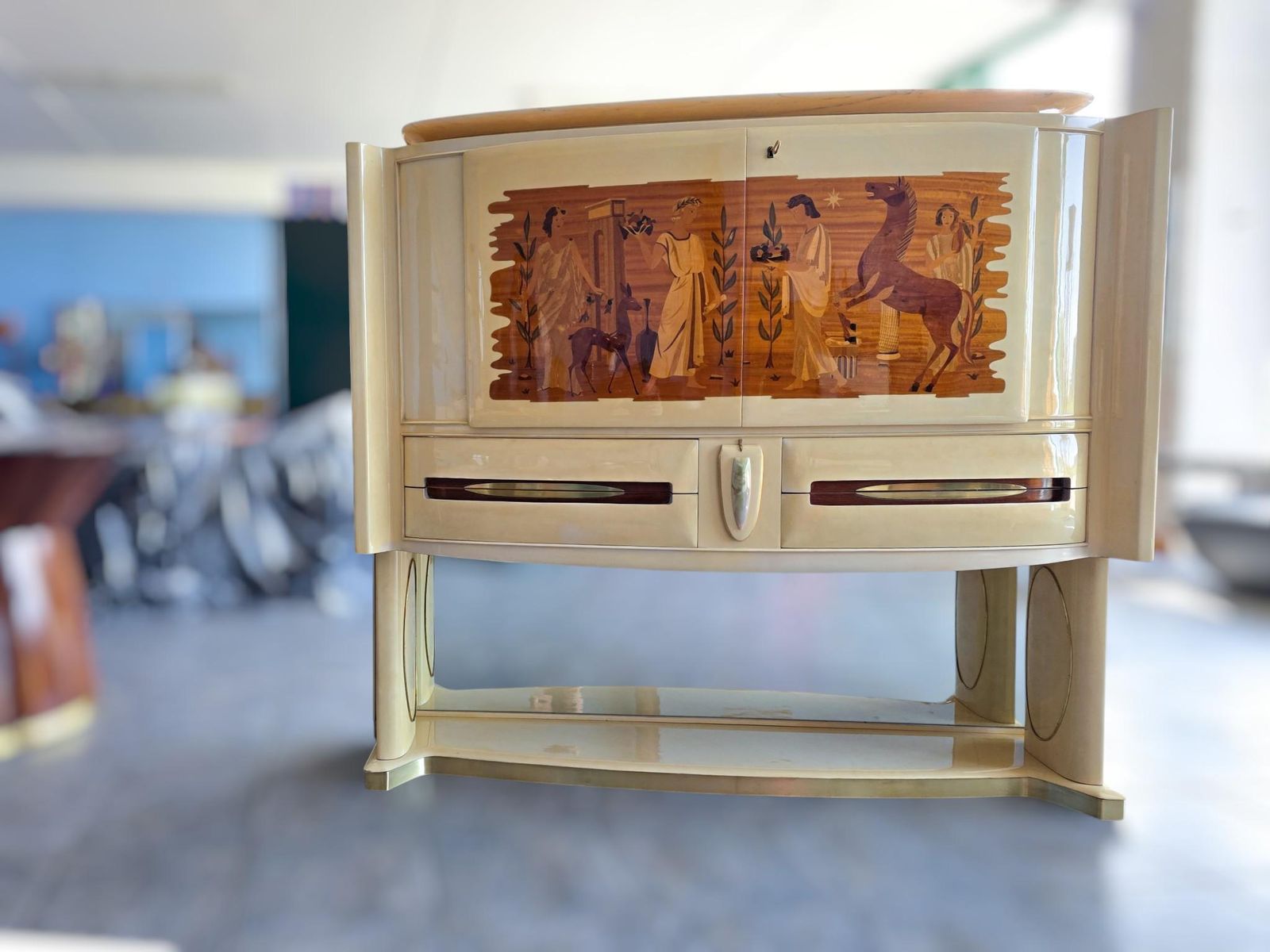Italian Midcentury Parchement Sideboard Or Cabiner Bar Designed By Dassi, 1950s photo vinterior