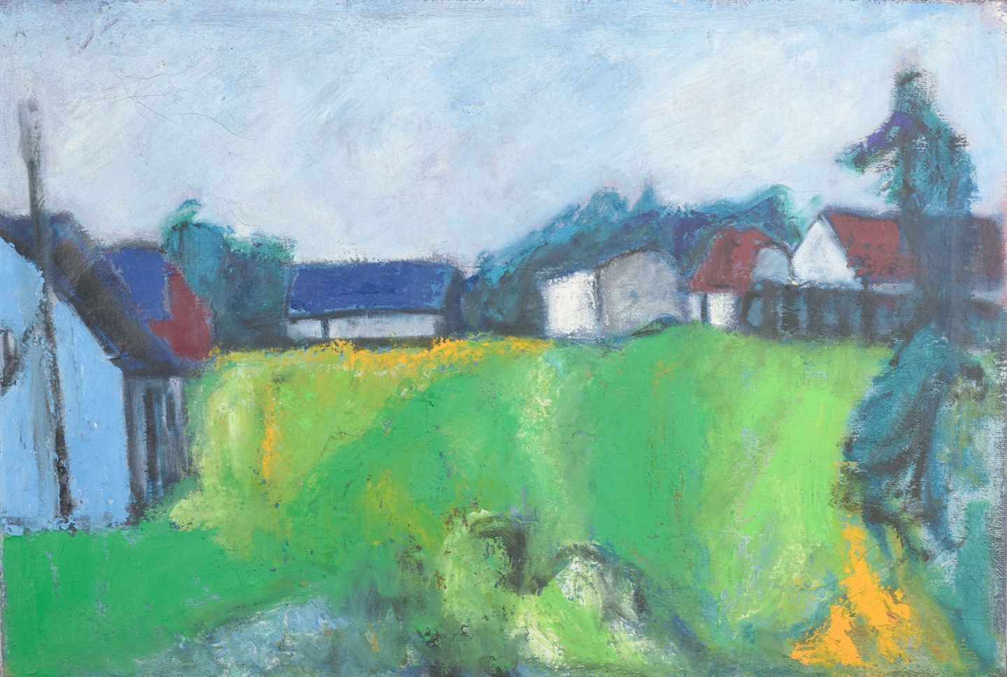 Johnny Madsen, artiste danois. Scène de village avec maison. Huile sur toile.