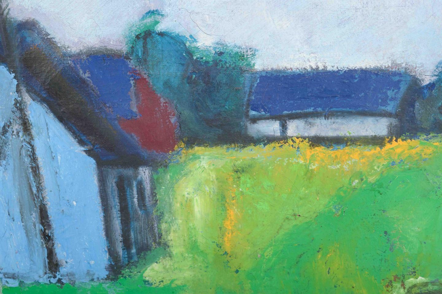 Johnny Madsen, artiste danois. Scène de village avec maison. Huile sur toile. photo for sale