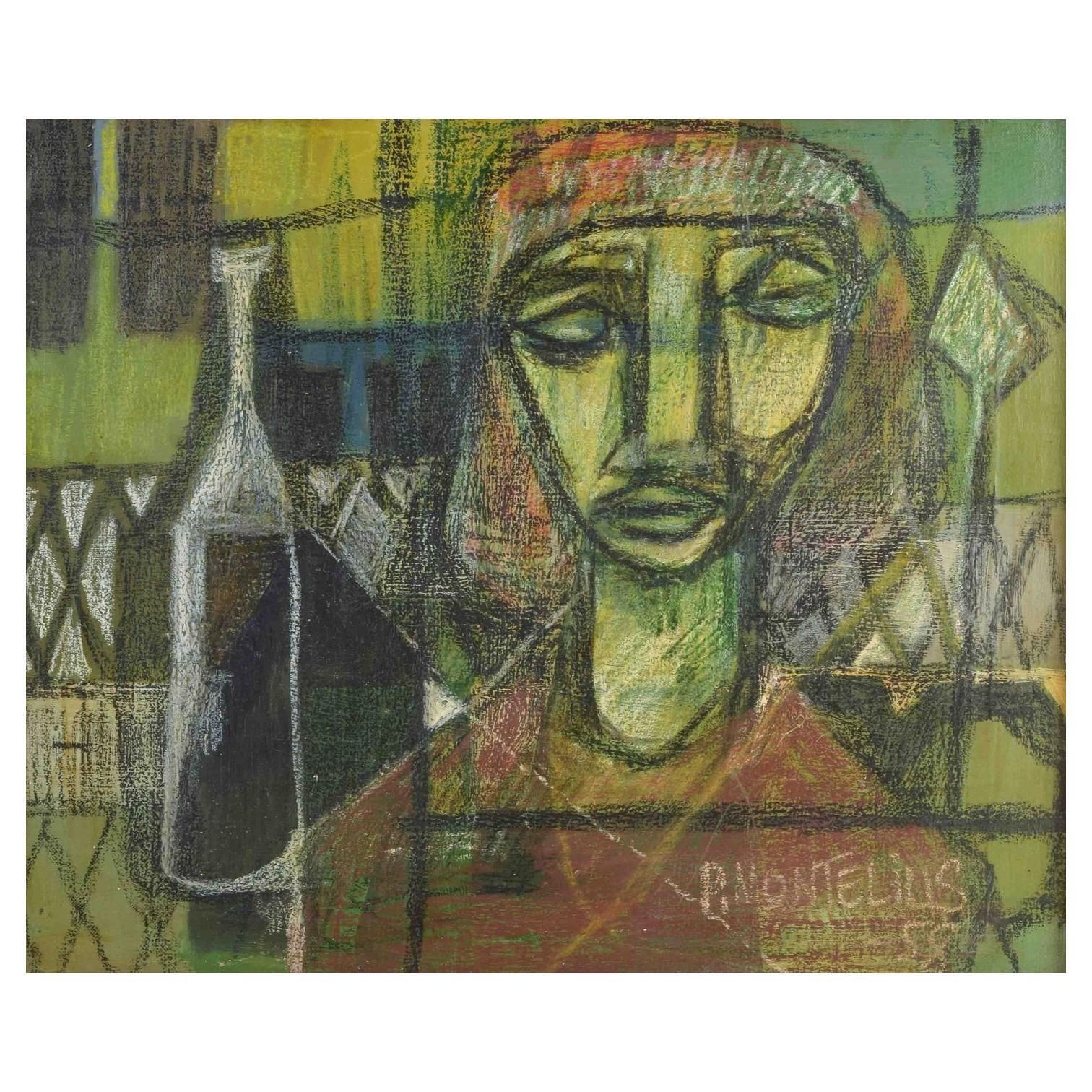 Pelle Montelius. Oil On Canvas. Modern Composition With Figure And Bottle.