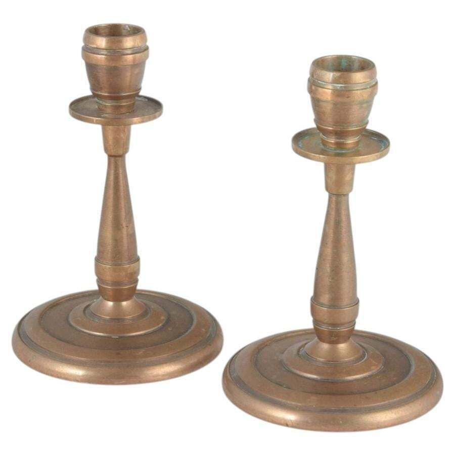 Cawa, Denmark. Pair Of Brass Candlesticks In Art Deco Style, 1940s.
