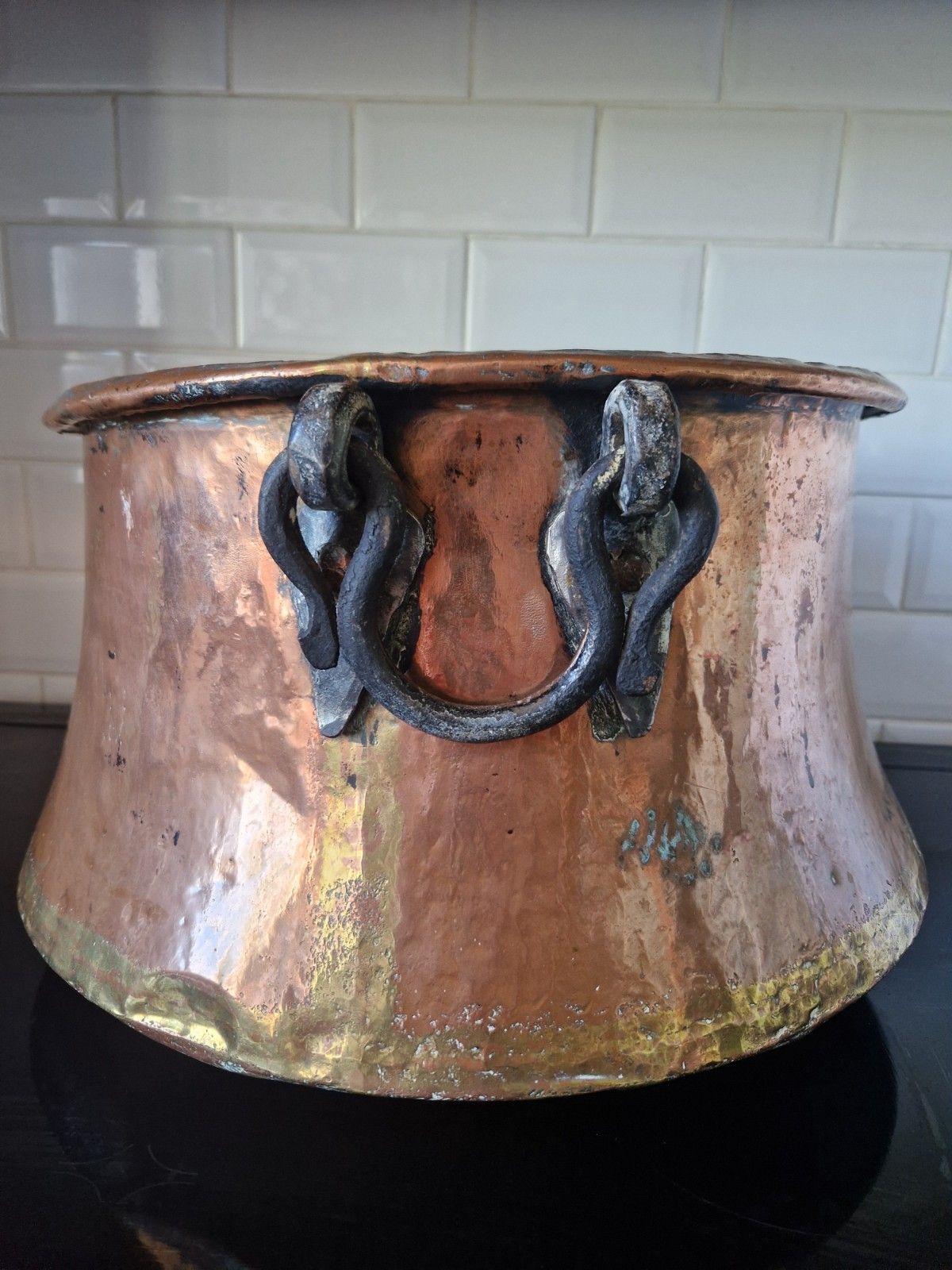 Antique Huge Large Copper And Cast Iron Cauldron Cooking Pot Planter Early 19th