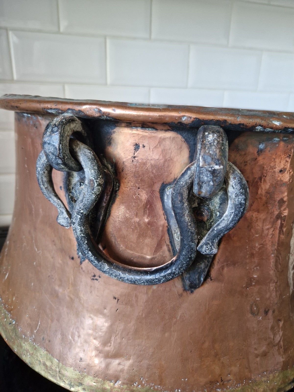 Antique Huge Large Copper And Cast Iron Cauldron Cooking Pot Planter Early 19th photo buy