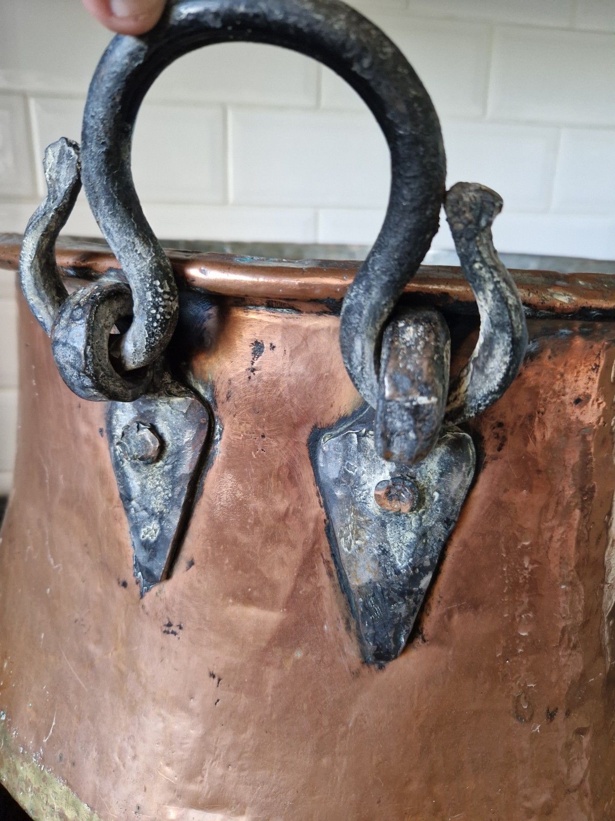 Antique Huge Large Copper And Cast Iron Cauldron Cooking Pot Planter Early 19th photo vintage