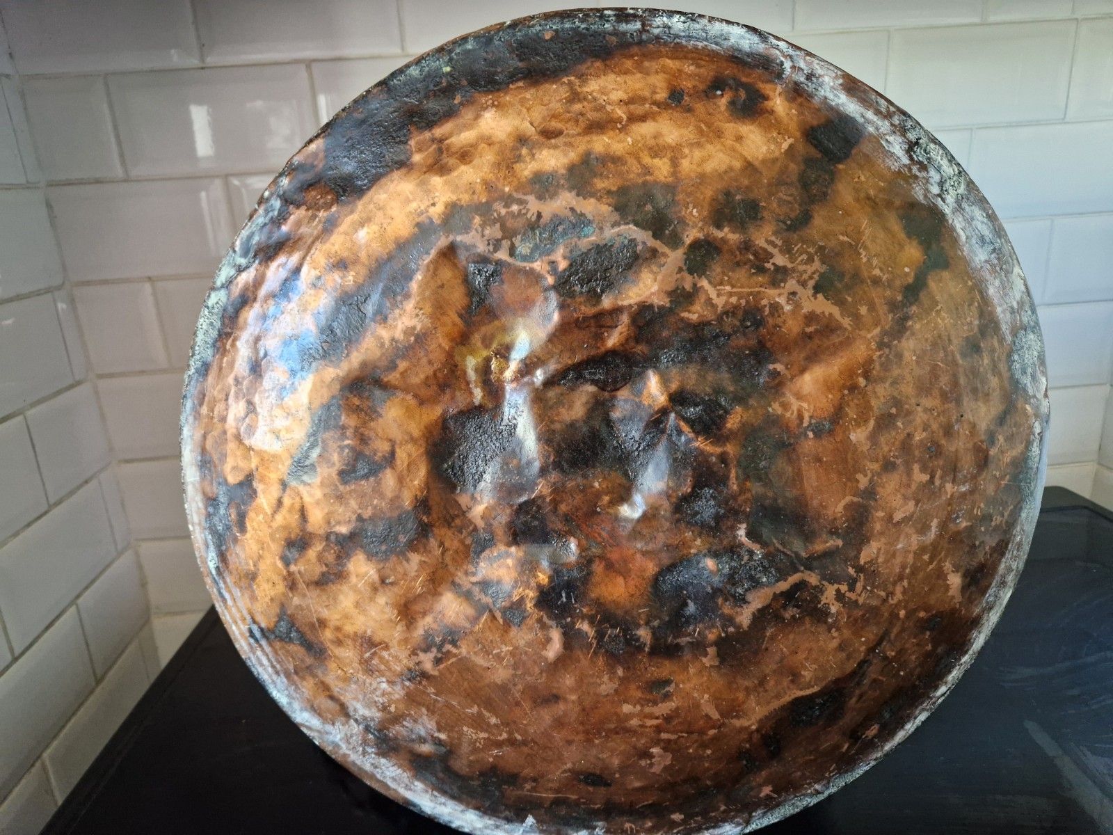 445.0 Antique Huge Large Copper And Cast Iron Cauldron Cooking Pot Planter Early 19th photo