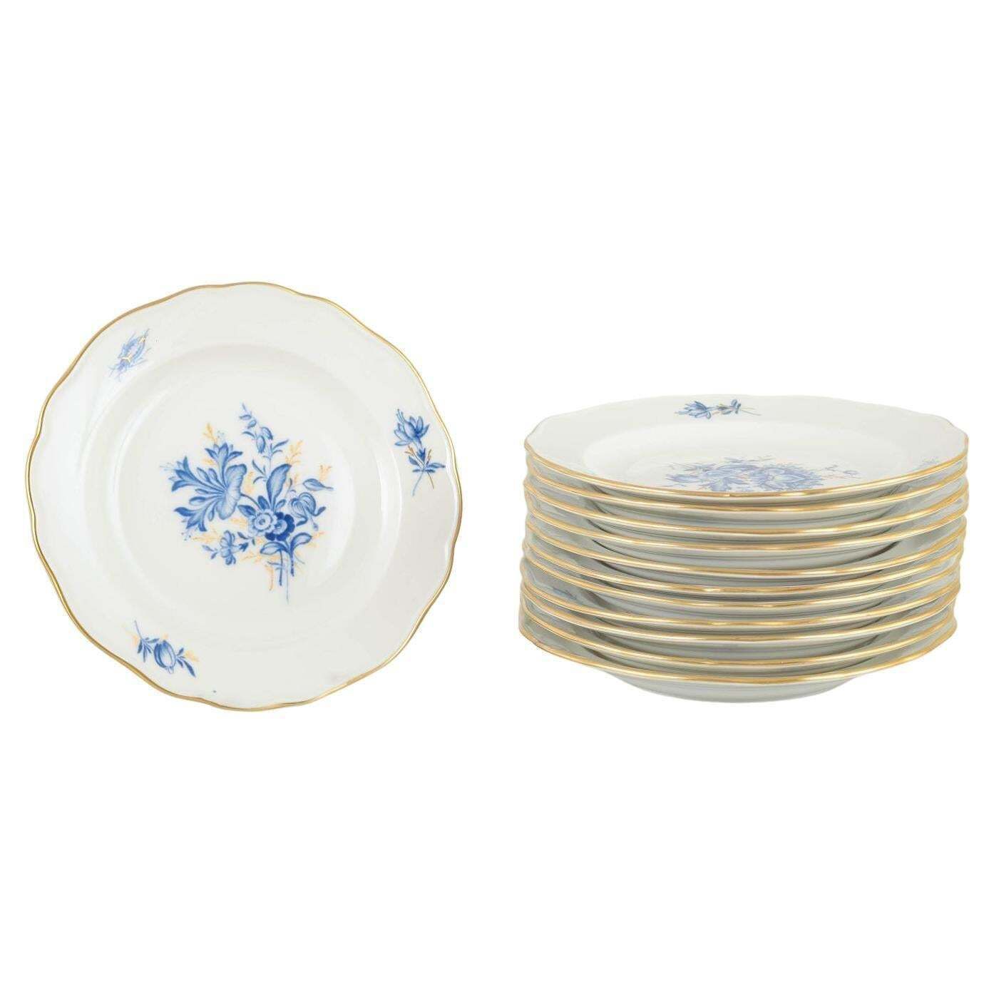 Meissen. 12 assiettes en porcelaine à motifs floraux bleus et liseré doré