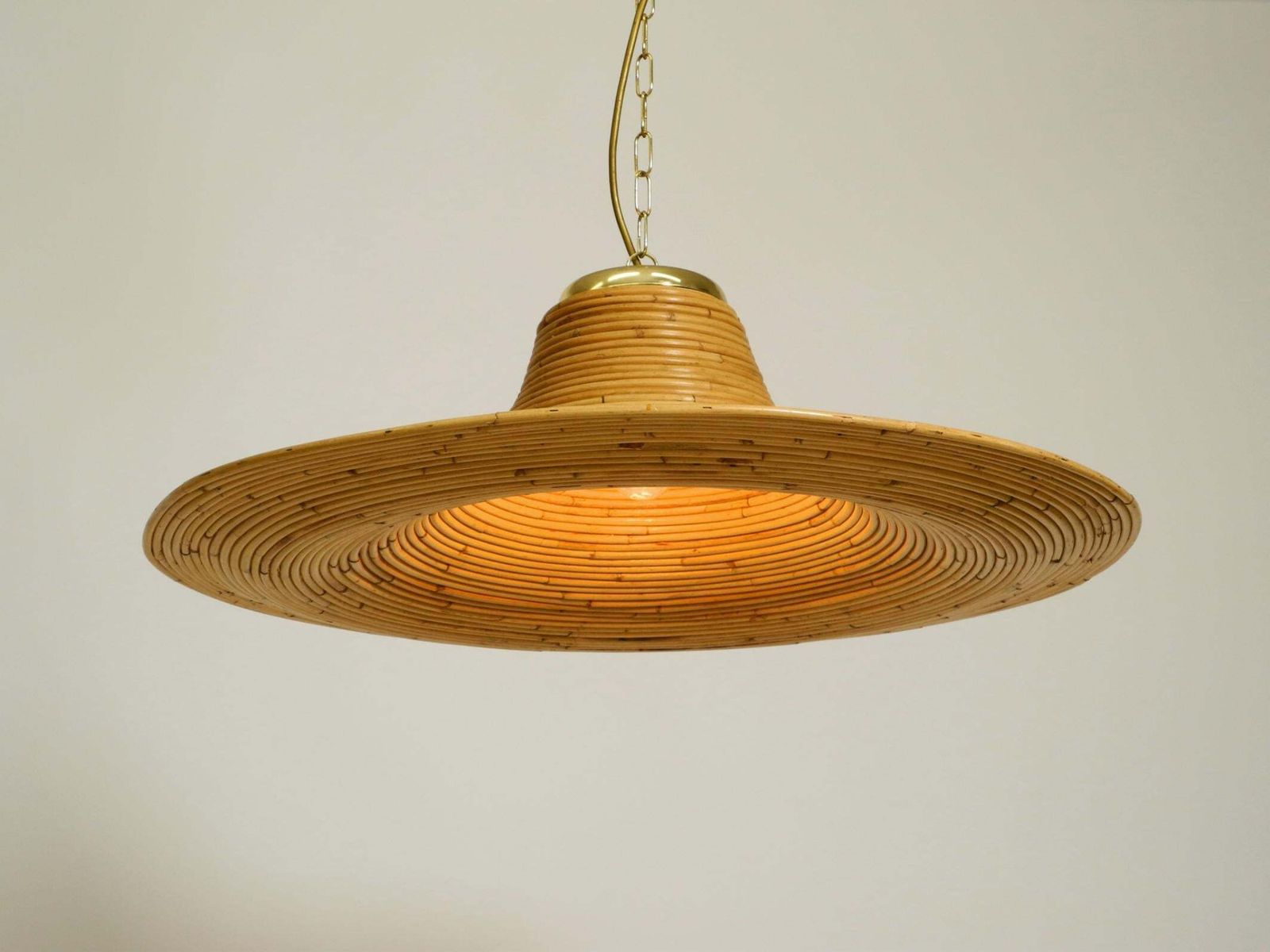 Beautiful, Large Italian 1970s Bright Bamboo Wood Ceiling Pendant Lamp photo vintage