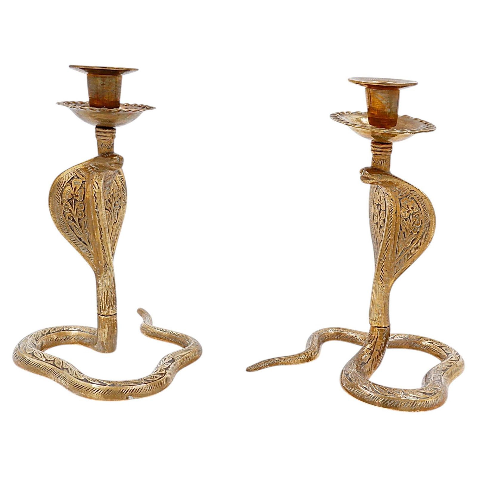 Pair Of Engraved Brass Cobra Candlesticks   Bohemian Style, 1960s