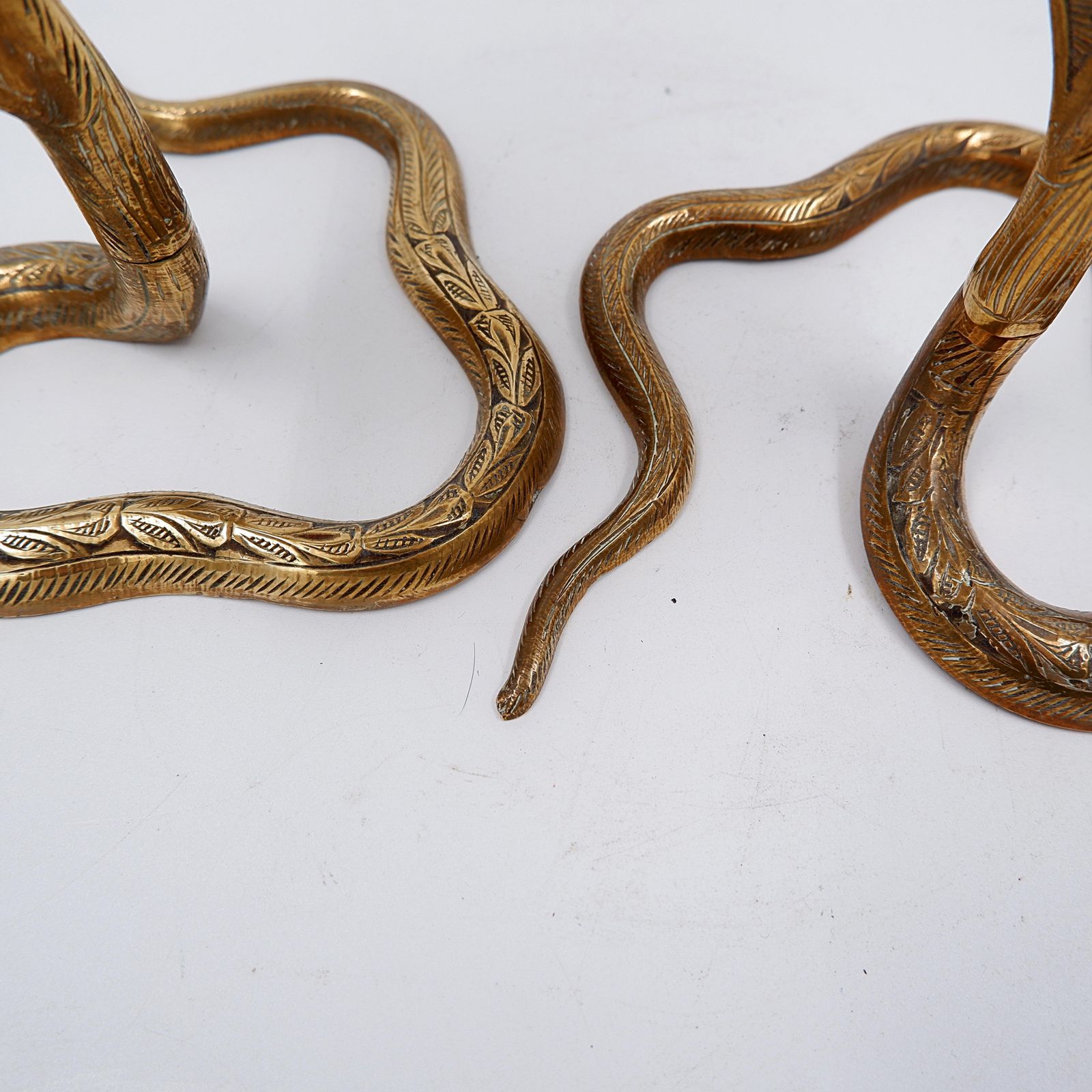 photo for sale Pair Of Engraved Brass Cobra Candlesticks   Bohemian Style, 1960s