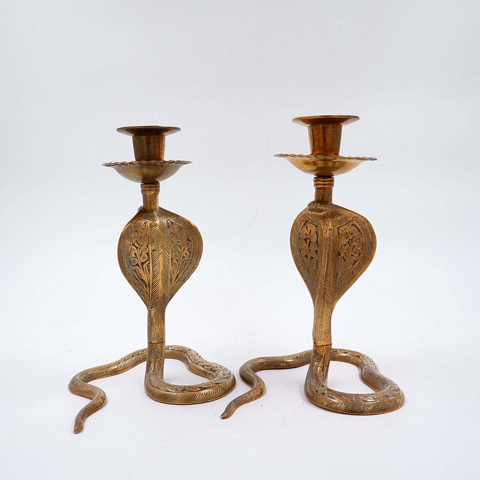 Home Decor Pair Of Engraved Brass Cobra Candlesticks   Bohemian Style, 1960s photo