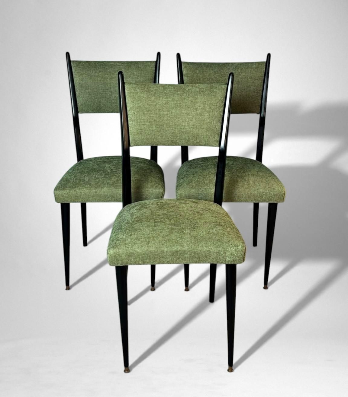 Ico Parisi Style – Set Of 6 Ebonized Wood Chairs With Green Upholstery photo Furniture
