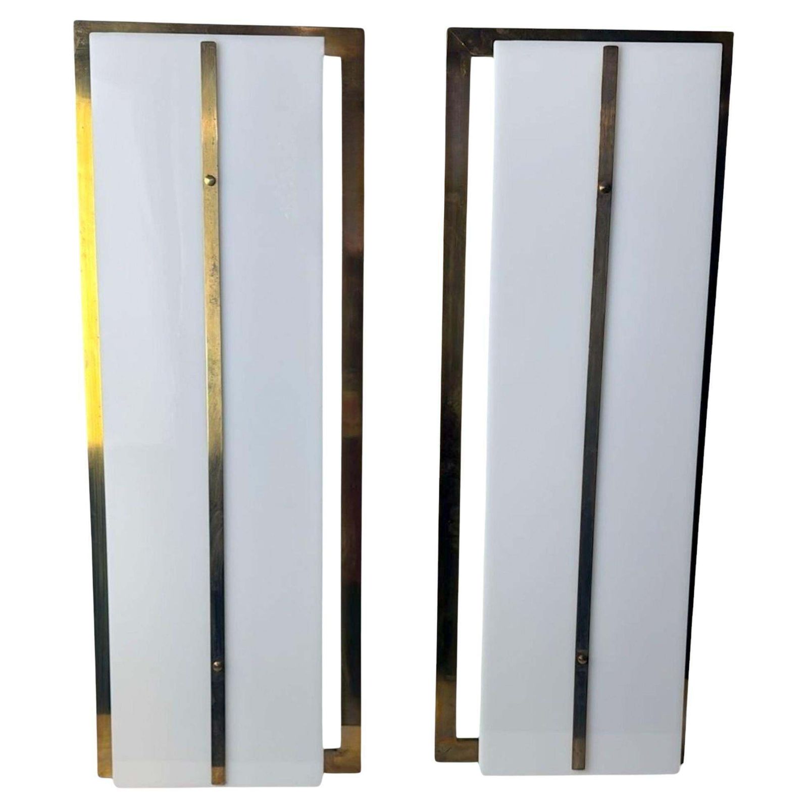 Romeo Rega Style Pair Of Large Italian Brass And Opaline Plexiglass Wall Sconces