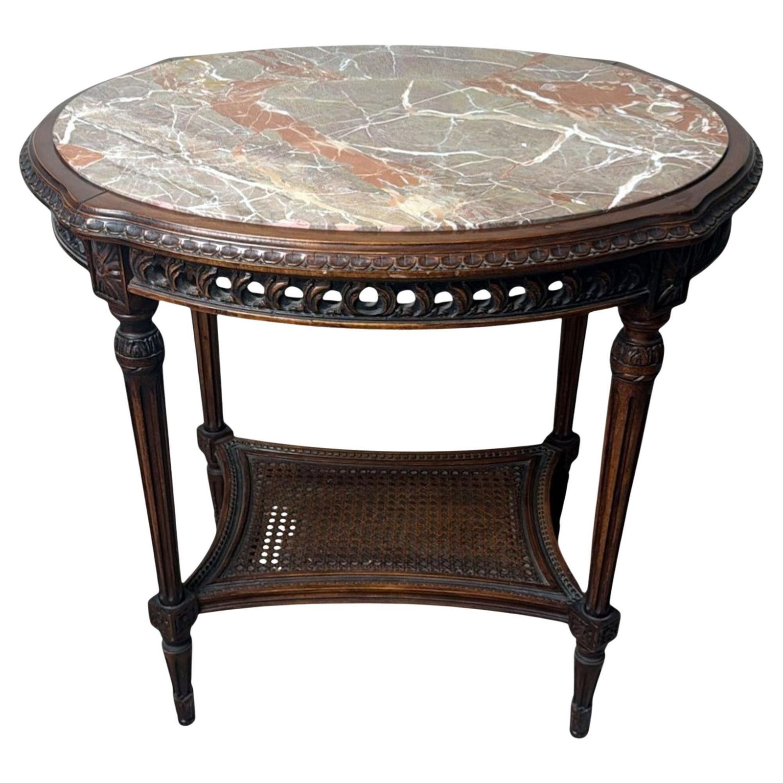 Neoclassical Italian Walnut Side Table With Marble Top And Vienna Straw Shelf