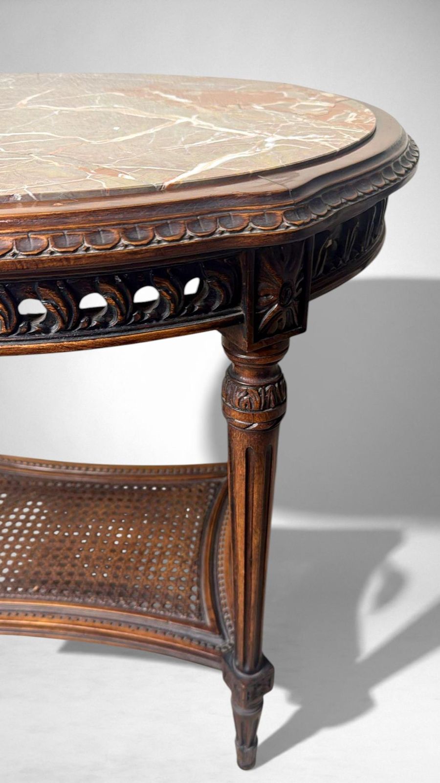 photo furniture Neoclassical Italian Walnut Side Table With Marble Top And Vienna Straw Shelf