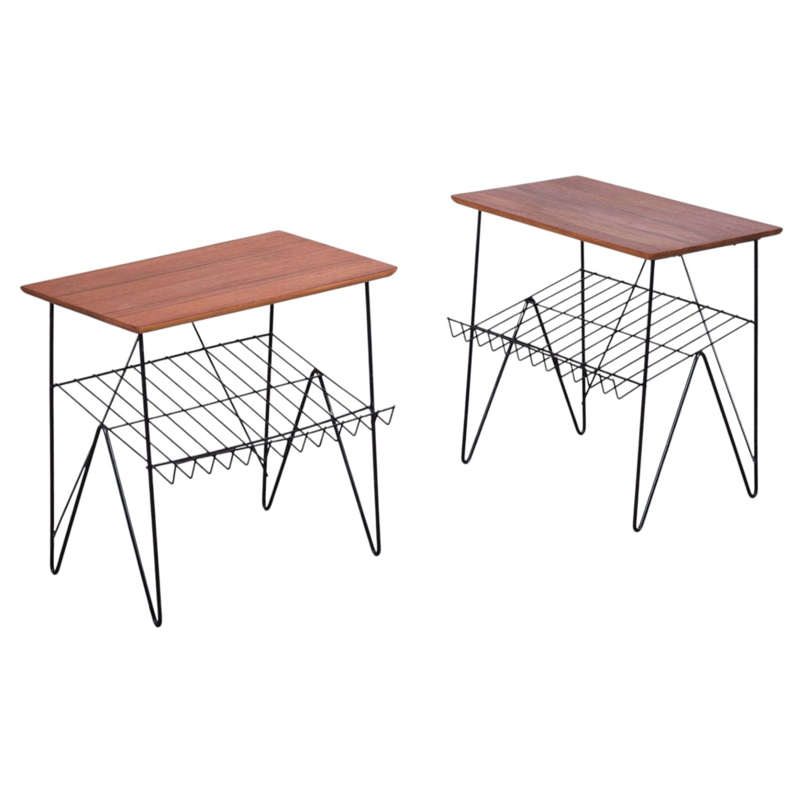 Pair Of Teak Side Tables With Magazine Rack And Metal Frame, Denmark, 1960s