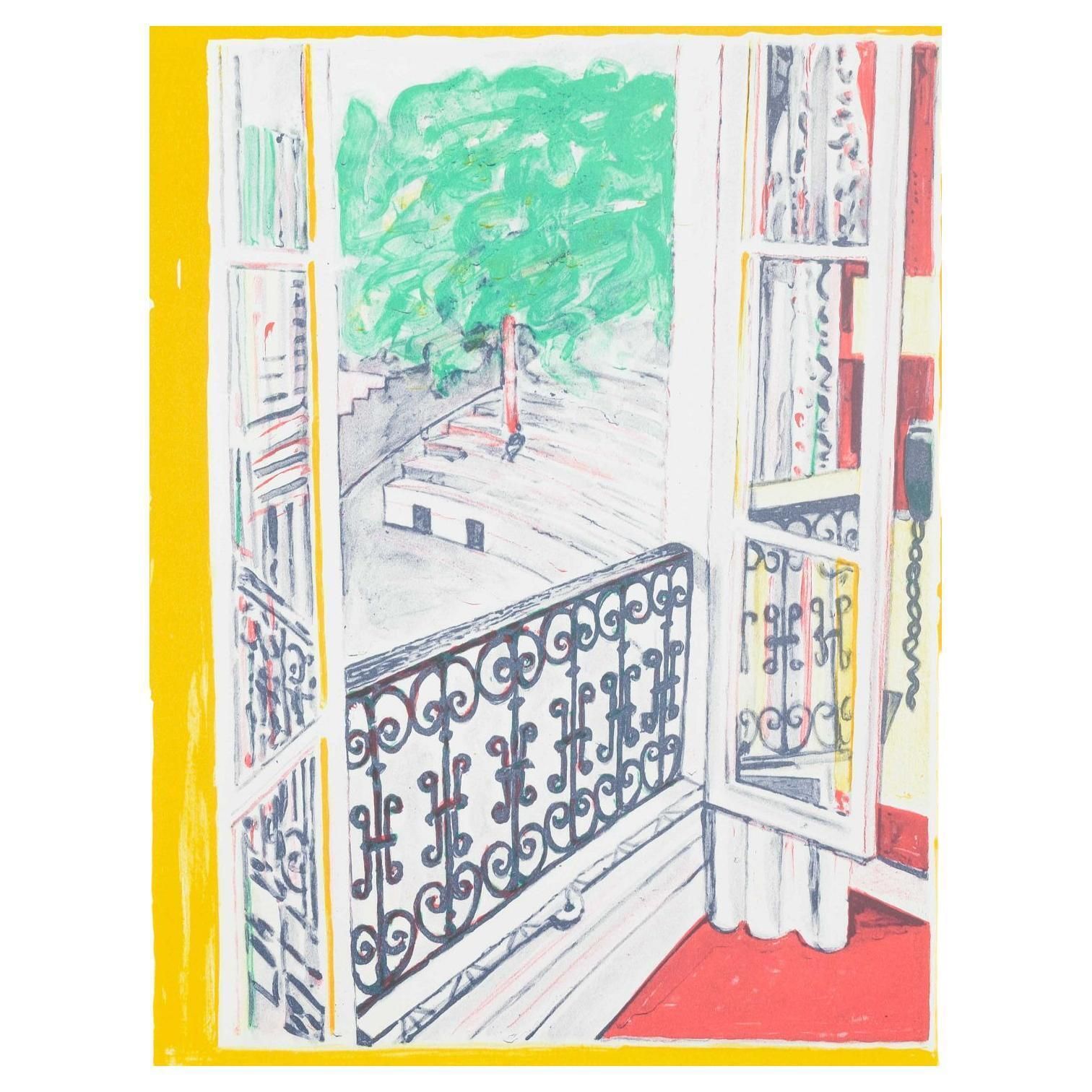 Søren Elgaard. Color Lithograph On Paper. Interior View With Balcony Door.