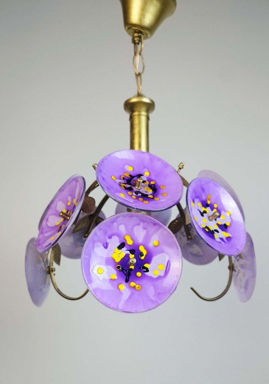 Vintage Floral Glass Chandelier Hand Painted Purple Ceiling Light One Of A Kind Statement Lighting photo vinterior