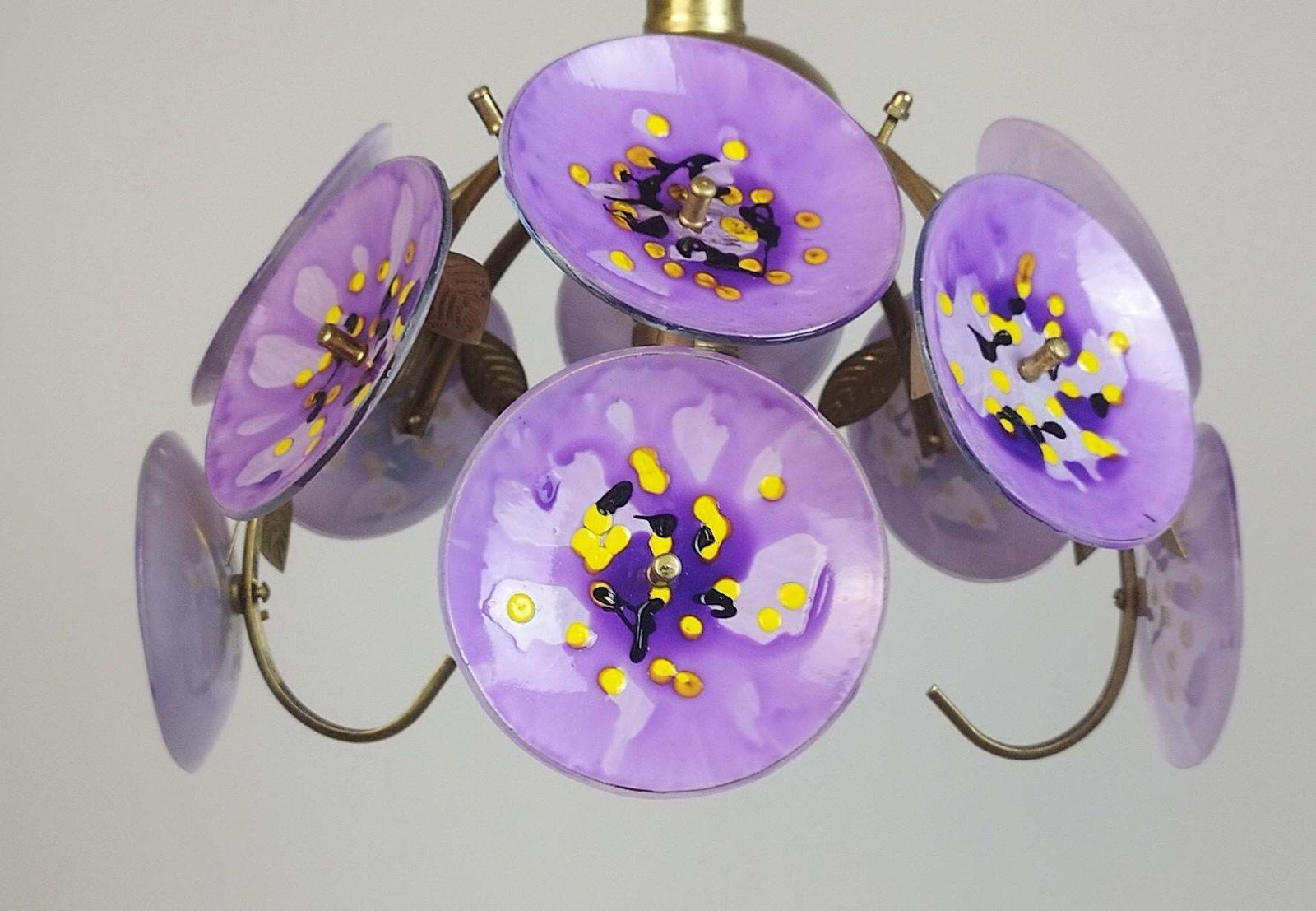 photo for sale Vintage Floral Glass Chandelier Hand Painted Purple Ceiling Light One Of A Kind Statement Lighting