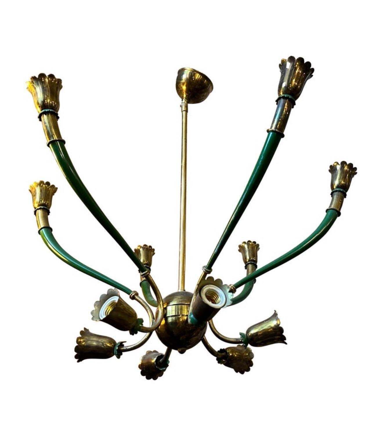 1960s Mid Century Modern Green Painted Metal And Brass Italian Chandelier photo furniture