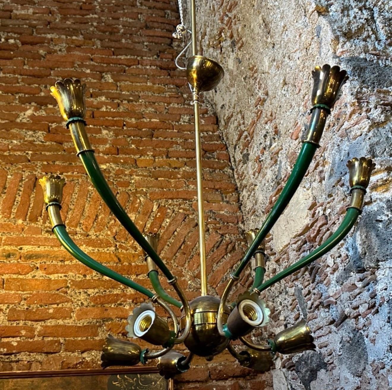 1960s Mid Century Modern Green Painted Metal And Brass Italian Chandelier photo for sale