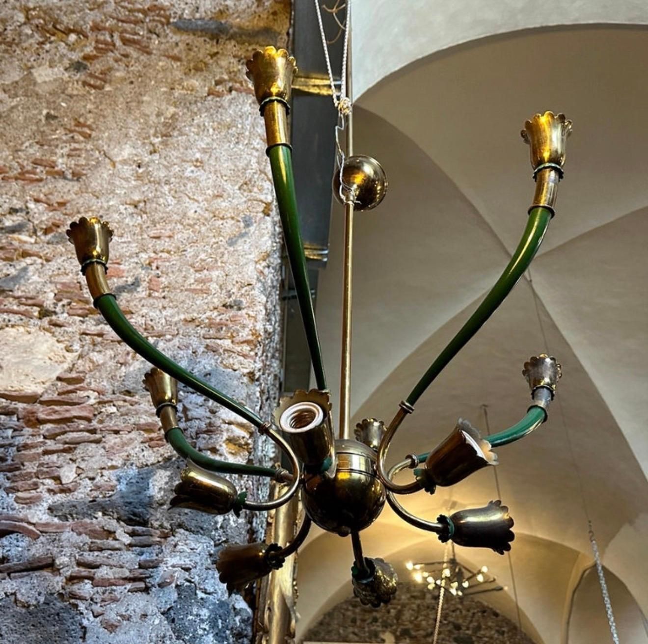Lighting 1960s Mid Century Modern Green Painted Metal And Brass Italian Chandelier photo