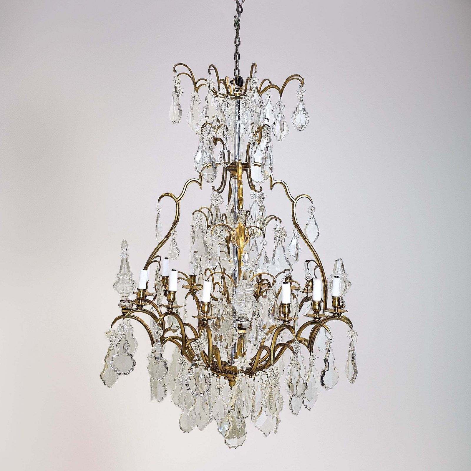 Monumental 16 Arm French Louis XV Style Gilt Brass & Crystal Chandelier
