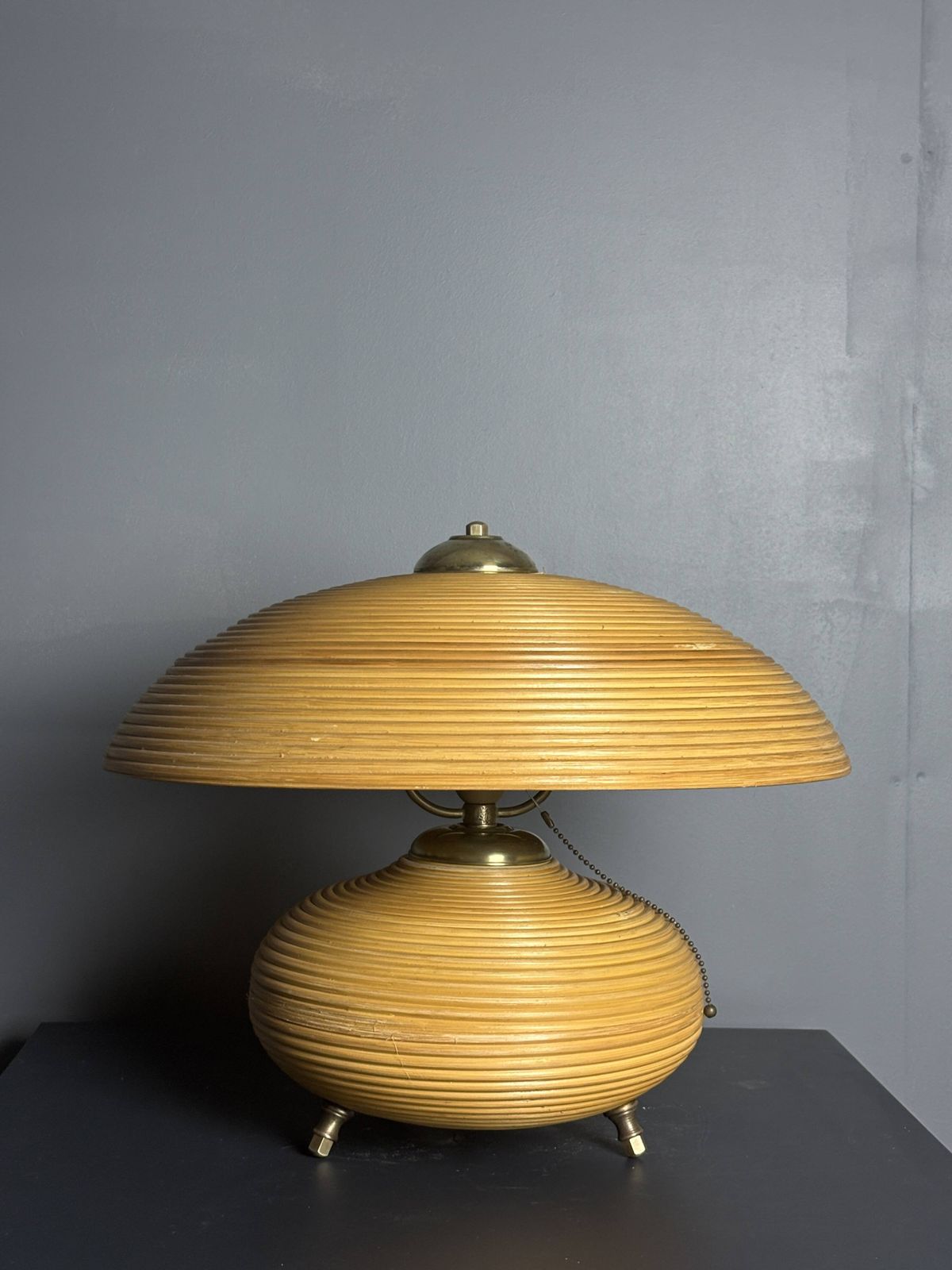 photo furniture Pencil Reed Rattan Bamboo And Brass Mushroom Table Lamp, Italy, 1970s
