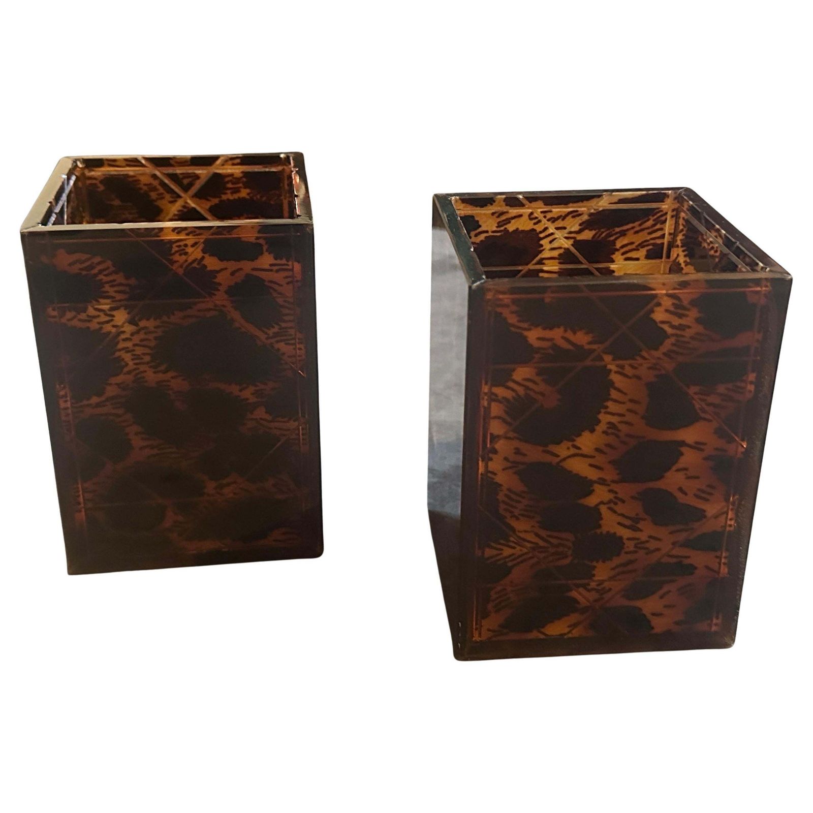 Two 1980s Mid Century Modern Faux Leopard Lucite Containers Signed Dior Home photo furniture