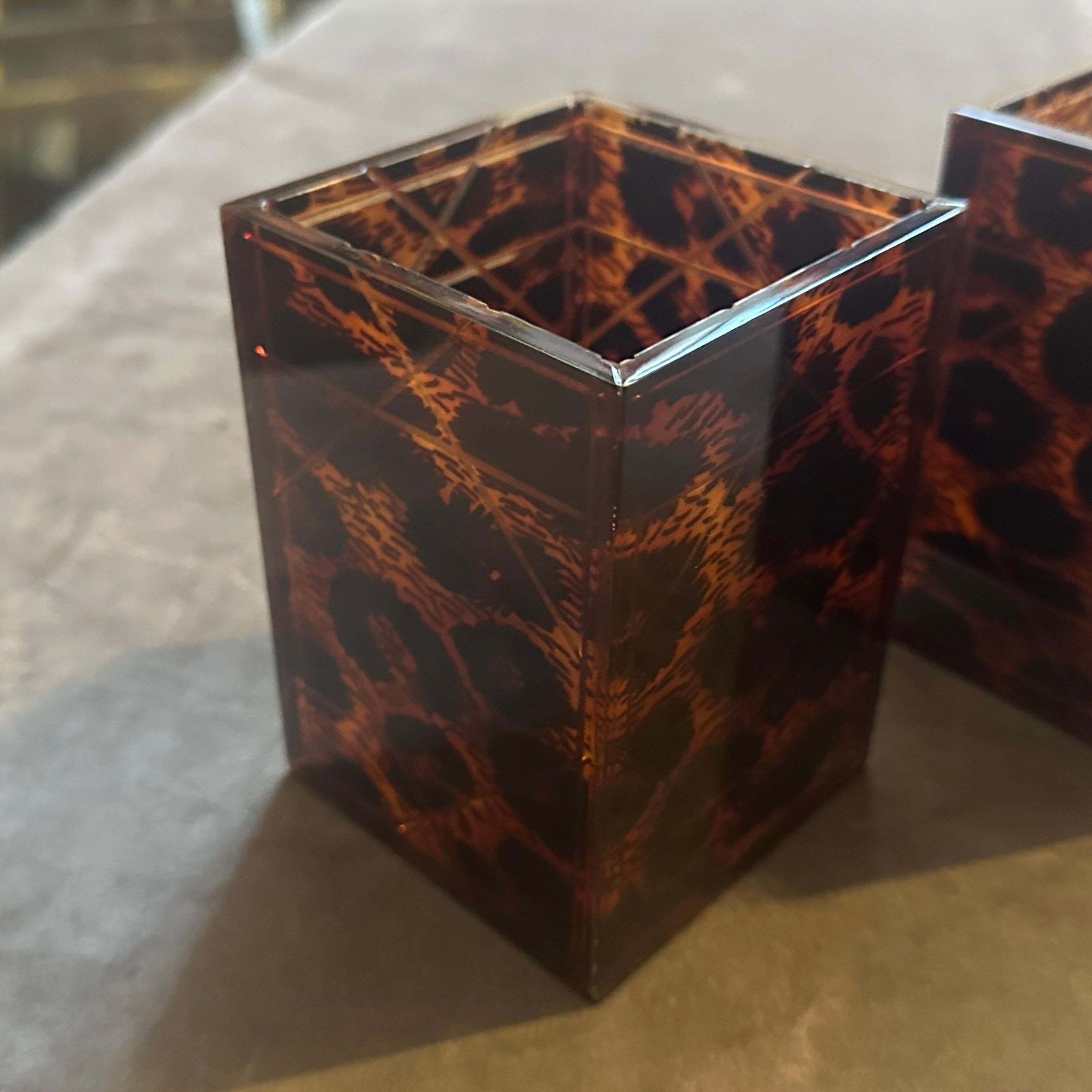 Two 1980s Mid Century Modern Faux Leopard Lucite Containers Signed Dior Home photo vinterior