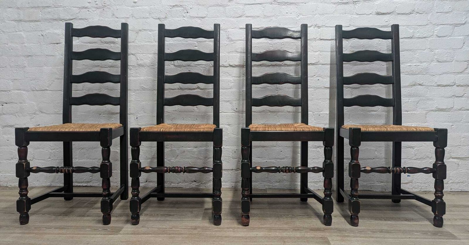 20th Century Oak Ladder Back Rush Seat Dining Chairs Bottle Green/Red photo furniture