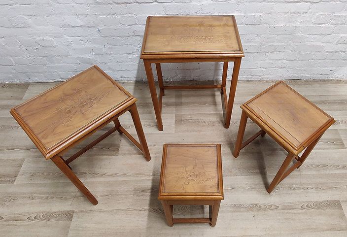 Oriental Hardwood Nest Of 4 Glass Top Tables photo furniture