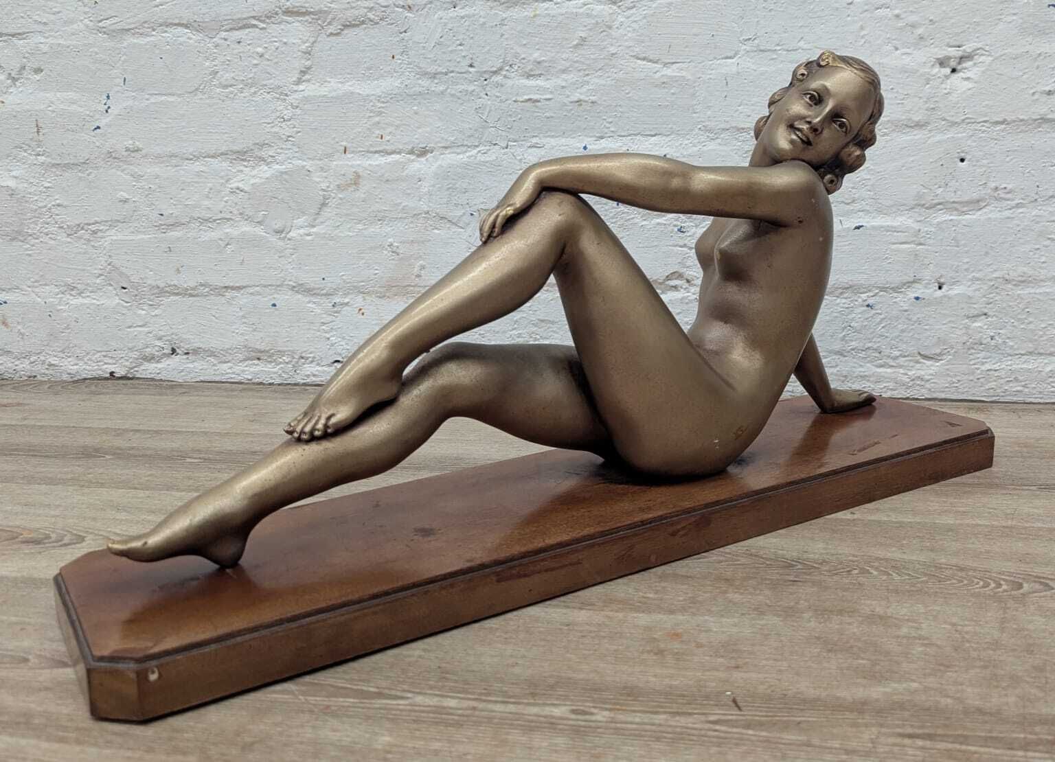 Early 20th Century French Art Deco Reclining Nude Figure On Wooden Plinth photo Art