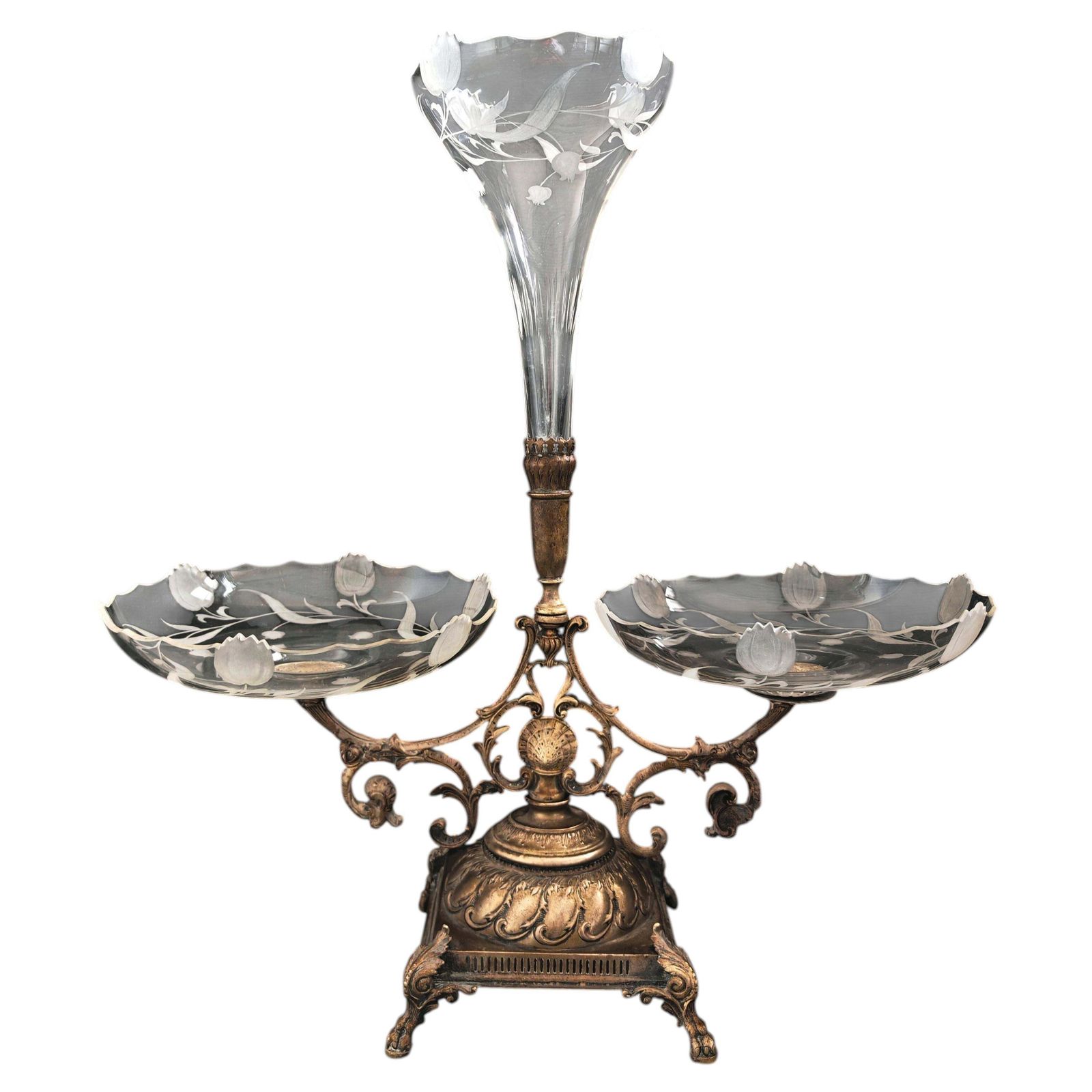 French Art Nouveau Gilt Bronze Epergne With Engraved Crystal Bowls, 1900s