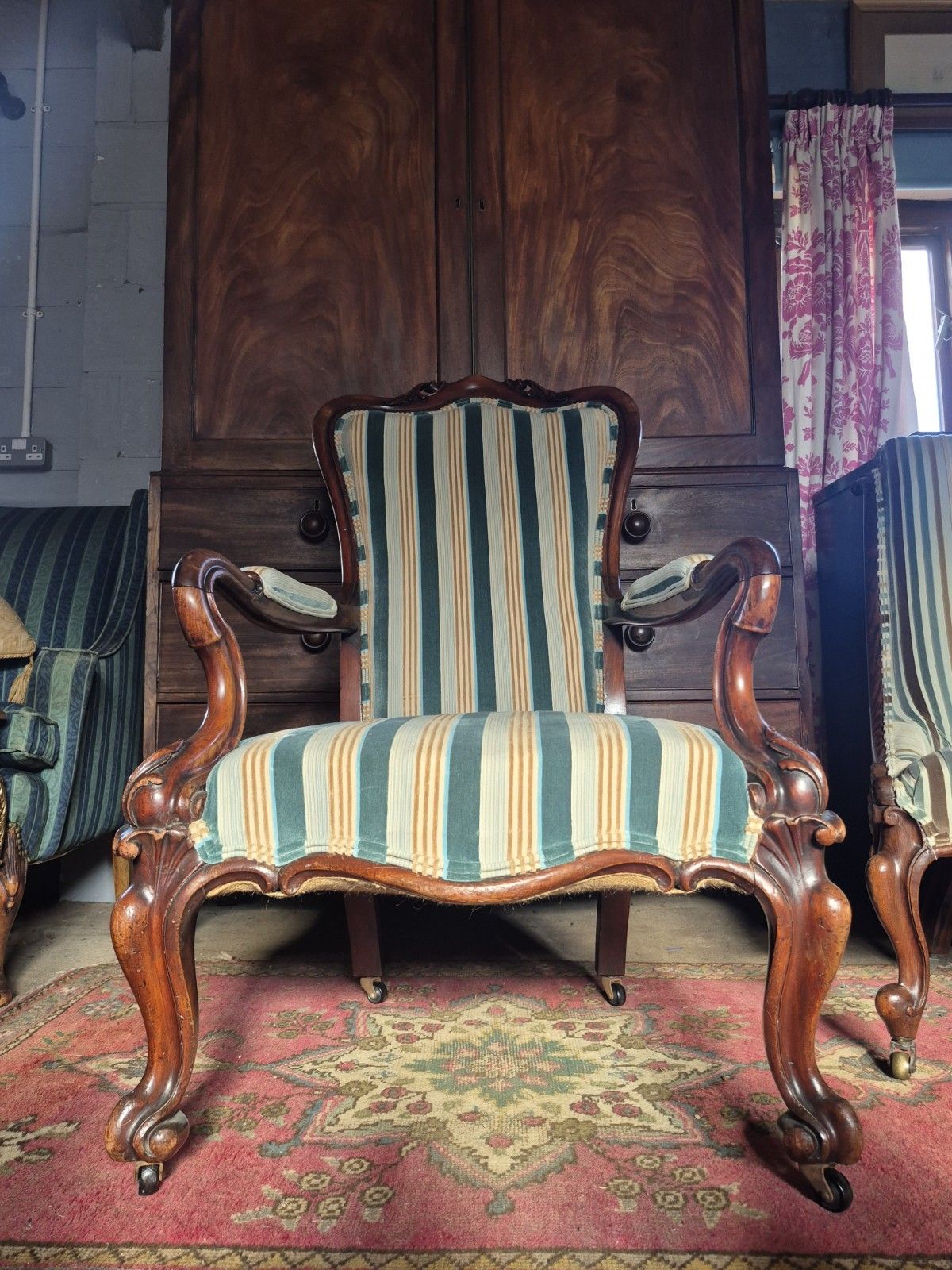 A Maximalist Curvaceous William IV/Victorian Library Armchair In Stripey Velvet