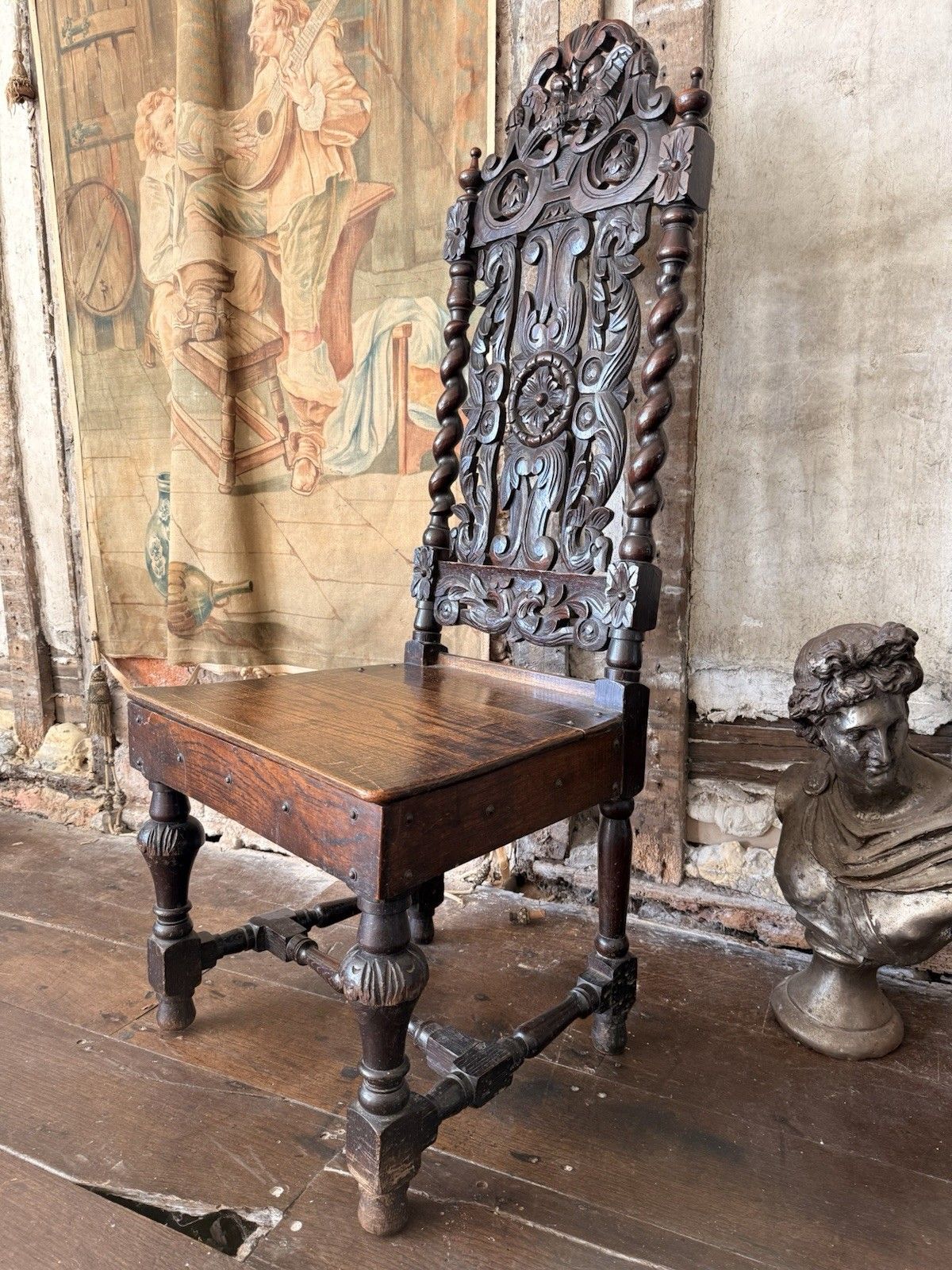 Elborate Antique Carved  Oak Barley Twist Carolean Gothic Hall Chair 19thc photo Furniture